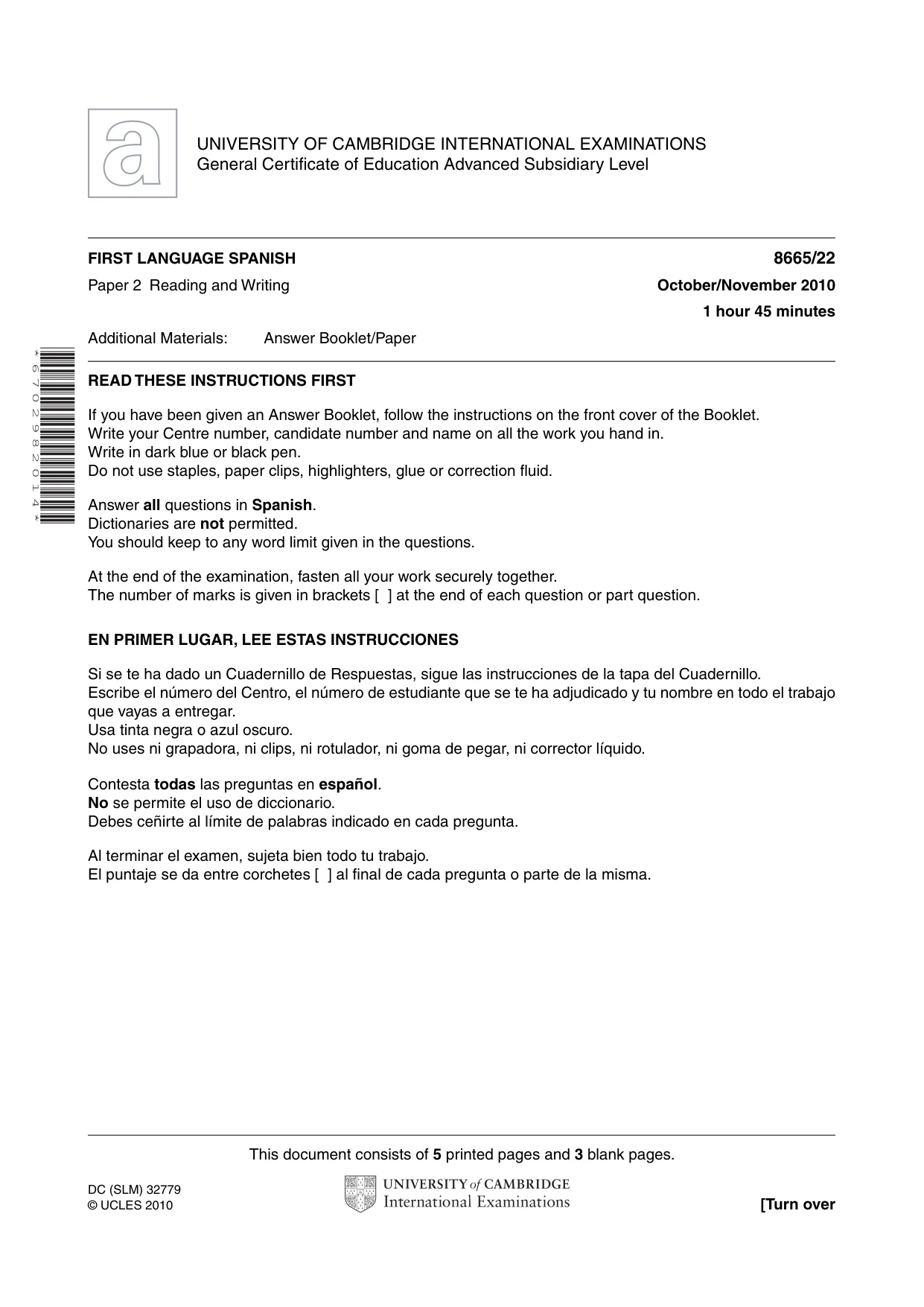 Cambridge A Level Spanish - First Language (AS Level only) 8665 2010 Oct/Nov Paper 2 · Variant 2 question paper, page 1 of 8