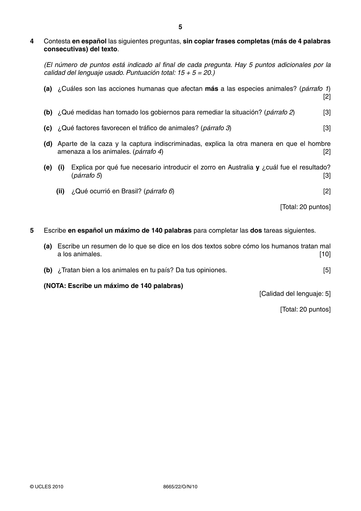 Cambridge A Level Spanish - First Language (AS Level only) 8665 2010 Oct/Nov Paper 2 · Variant 2 question paper, page 5 of 8