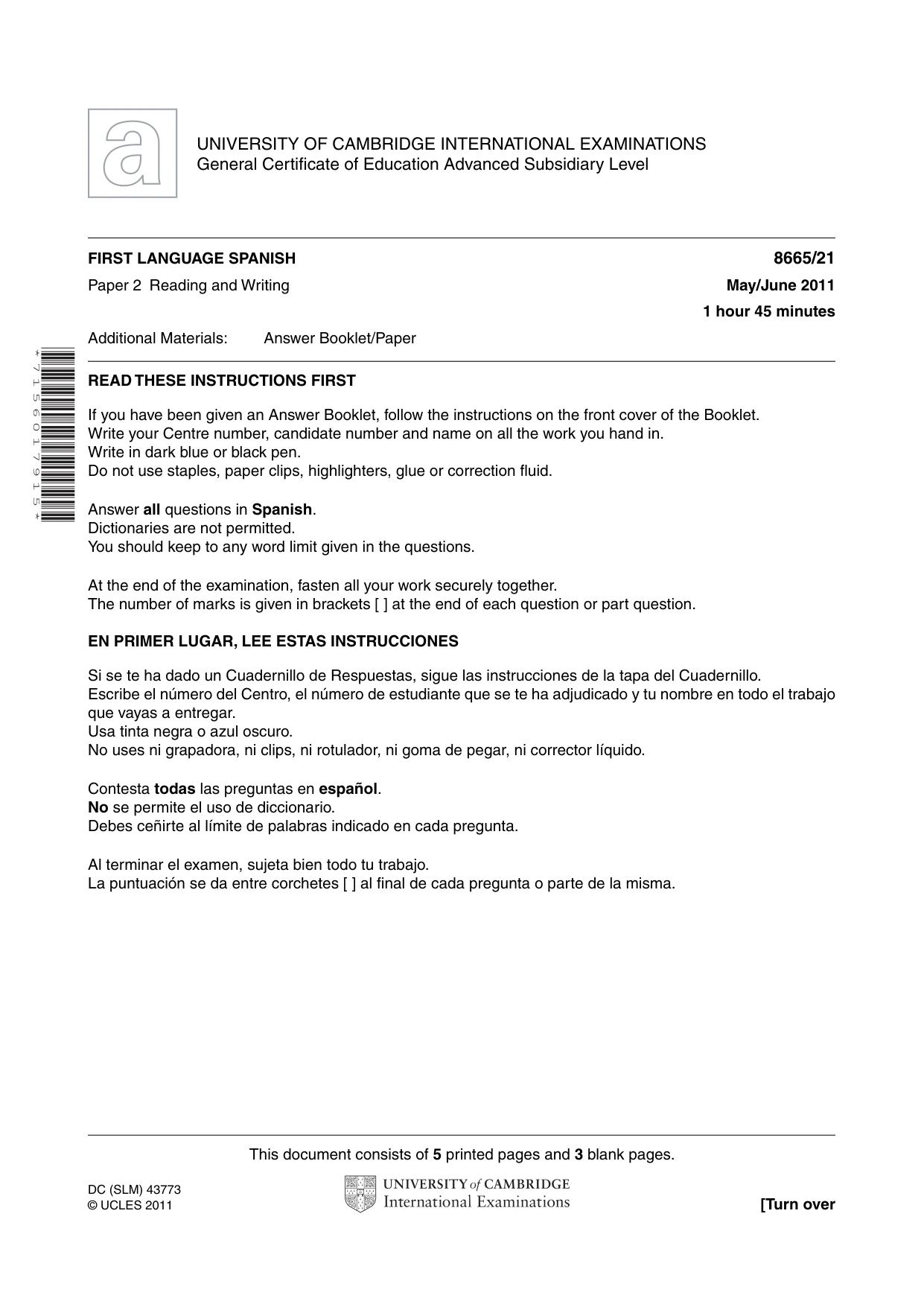 Cambridge A Level Spanish - First Language (AS Level only) 8665 2011 May/June Paper 2 · Variant 1 question paper, page 1 of 8