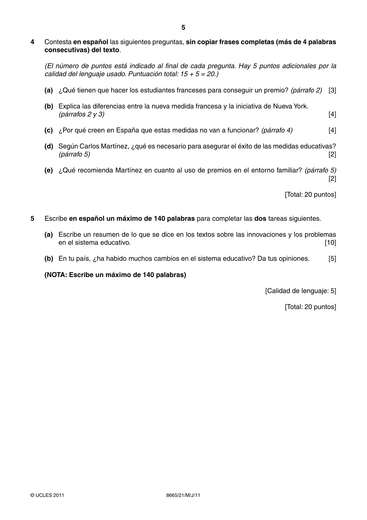 Cambridge A Level Spanish - First Language (AS Level only) 8665 2011 May/June Paper 2 · Variant 1 question paper, page 5 of 8