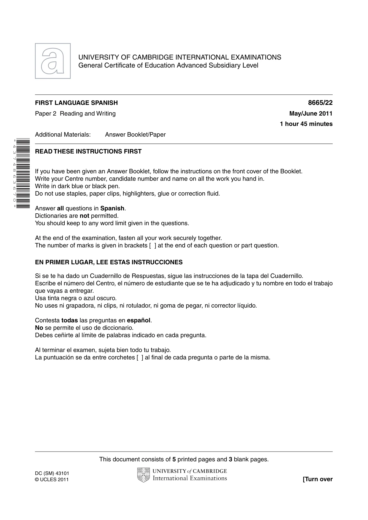 Cambridge A Level Spanish - First Language (AS Level only) 8665 2011 May/June Paper 2 · Variant 2 question paper, page 1 of 8