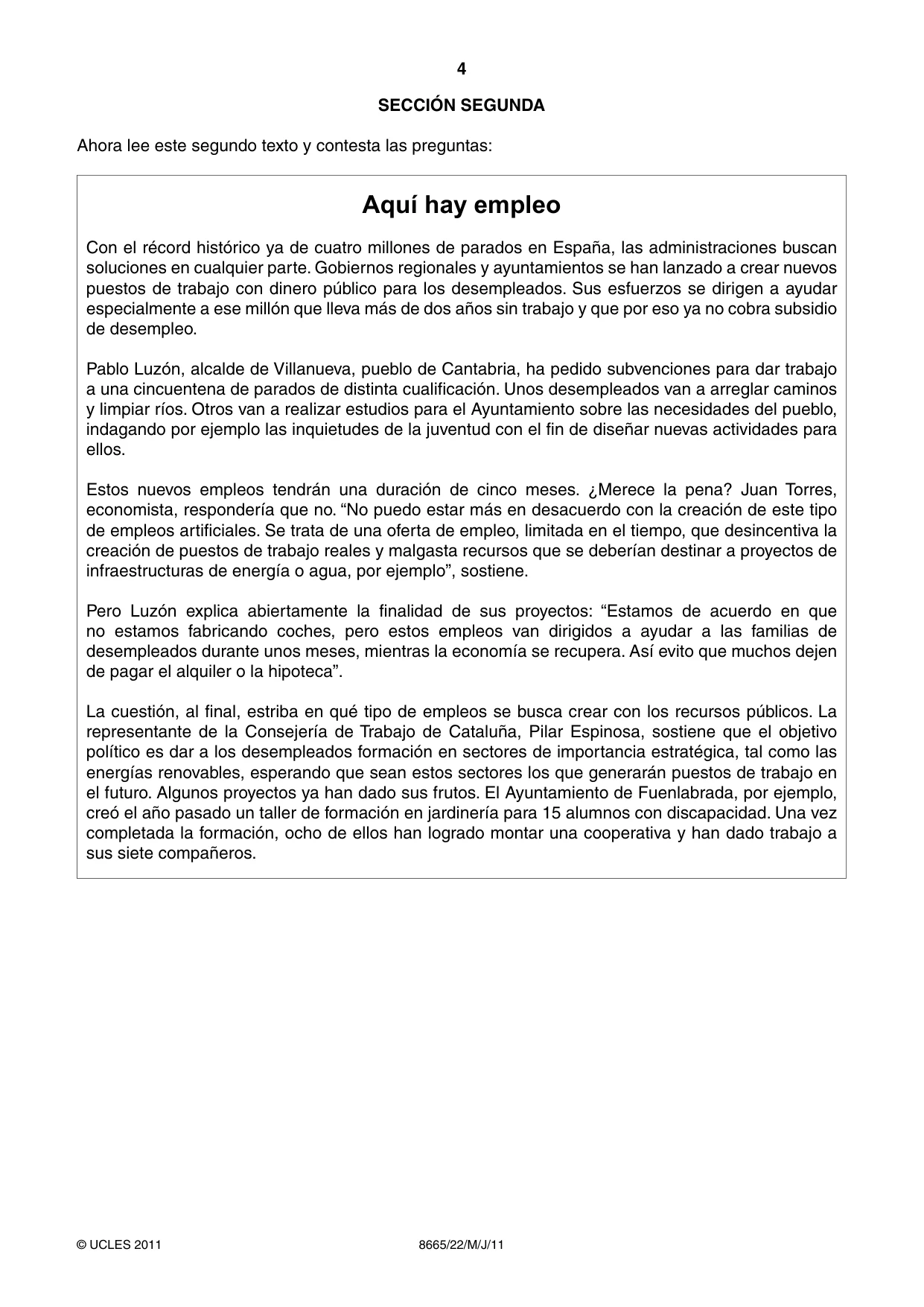 Cambridge A Level Spanish - First Language (AS Level only) 8665 2011 May/June Paper 2 · Variant 2 question paper, page 4 of 8