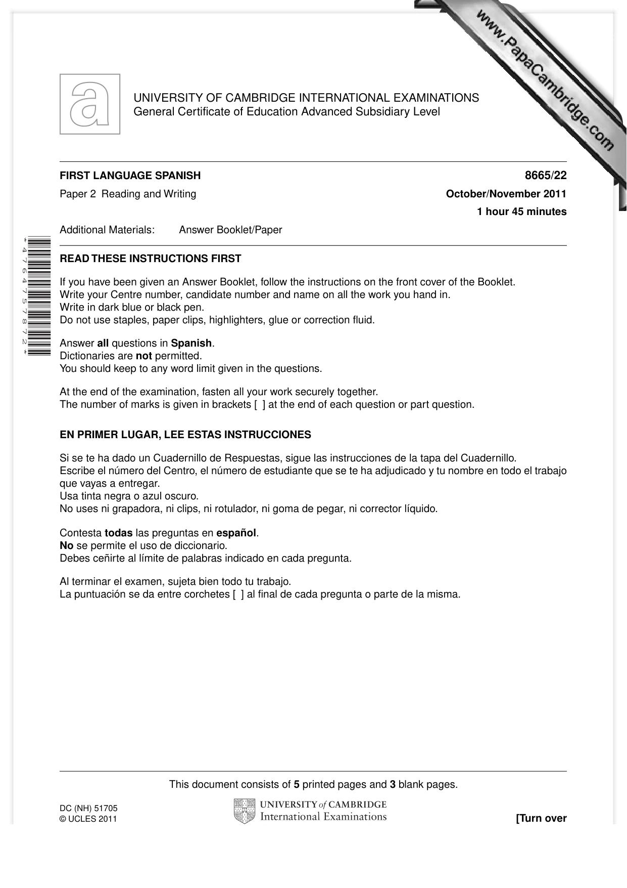 Cambridge A Level Spanish - First Language (AS Level only) 8665 2011 Oct/Nov Paper 2 · Variant 2 question paper, page 1 of 8