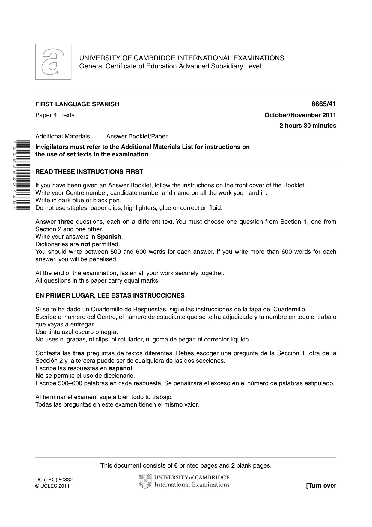 Cambridge A Level Spanish - First Language (AS Level only) 8665 2011 Oct/Nov Paper 4 · Variant 1 question paper, page 1 of 8