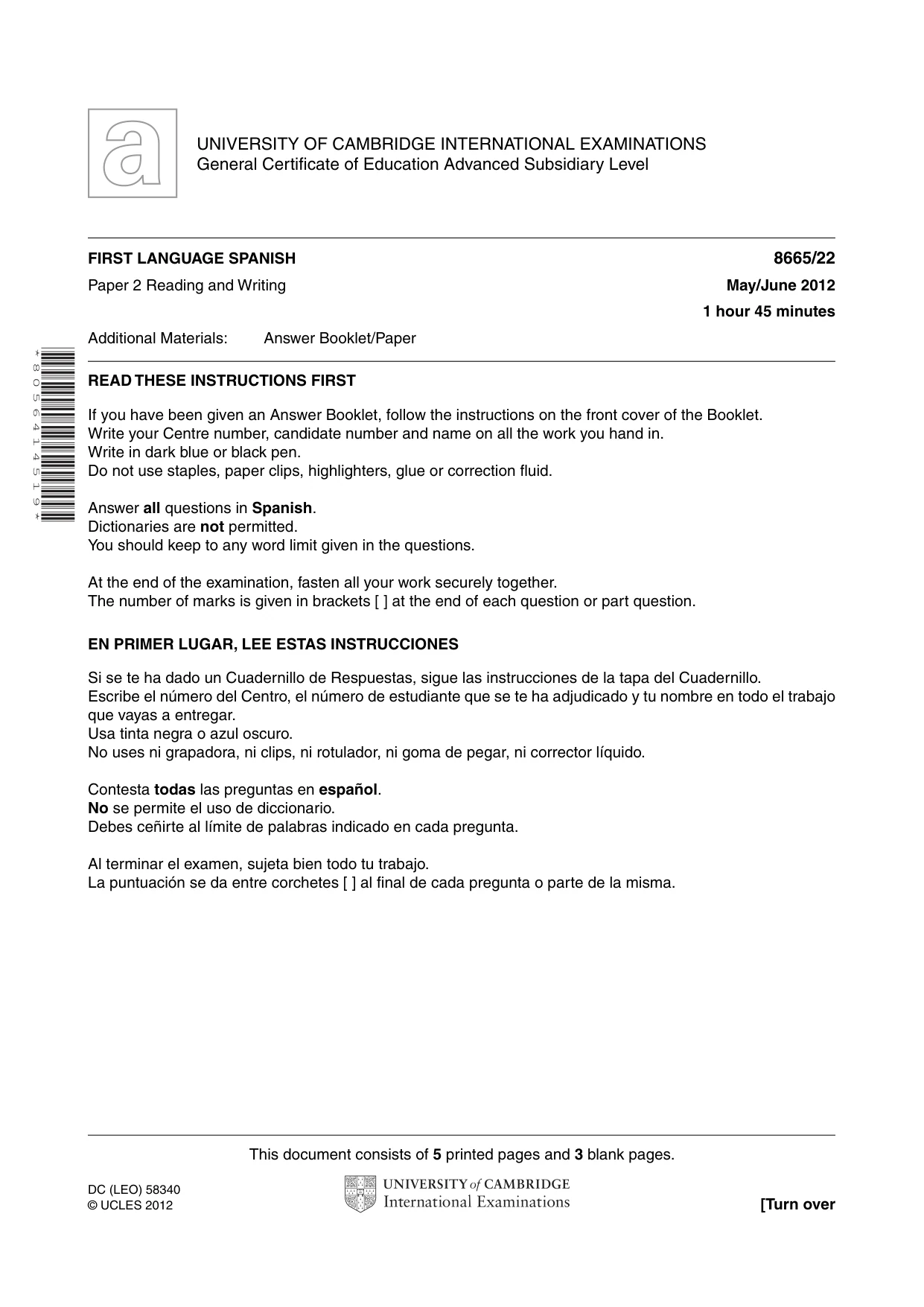 Cambridge A Level Spanish - First Language (AS Level only) 8665 2012 May/June Paper 2 · Variant 2 question paper, page 1 of 8