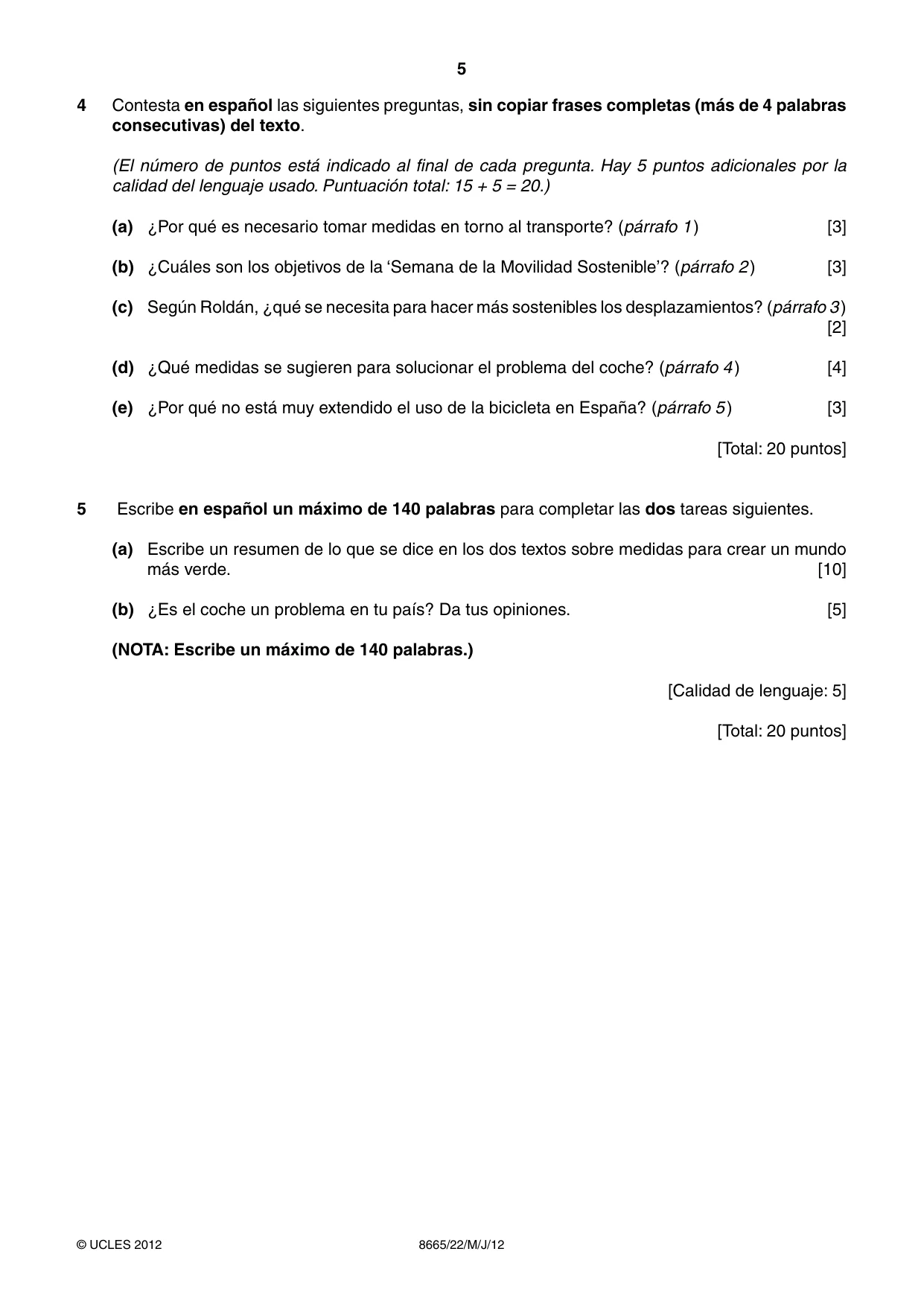 Cambridge A Level Spanish - First Language (AS Level only) 8665 2012 May/June Paper 2 · Variant 2 question paper, page 5 of 8
