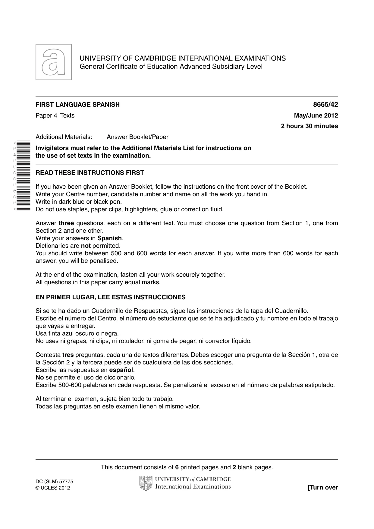 Cambridge A Level Spanish - First Language (AS Level only) 8665 2012 May/June Paper 4 · Variant 2 question paper, page 1 of 8