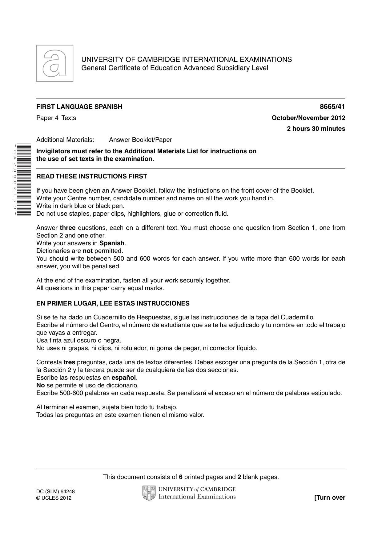 Cambridge A Level Spanish - First Language (AS Level only) 8665 2012 Oct/Nov Paper 4 · Variant 1 question paper, page 1 of 8