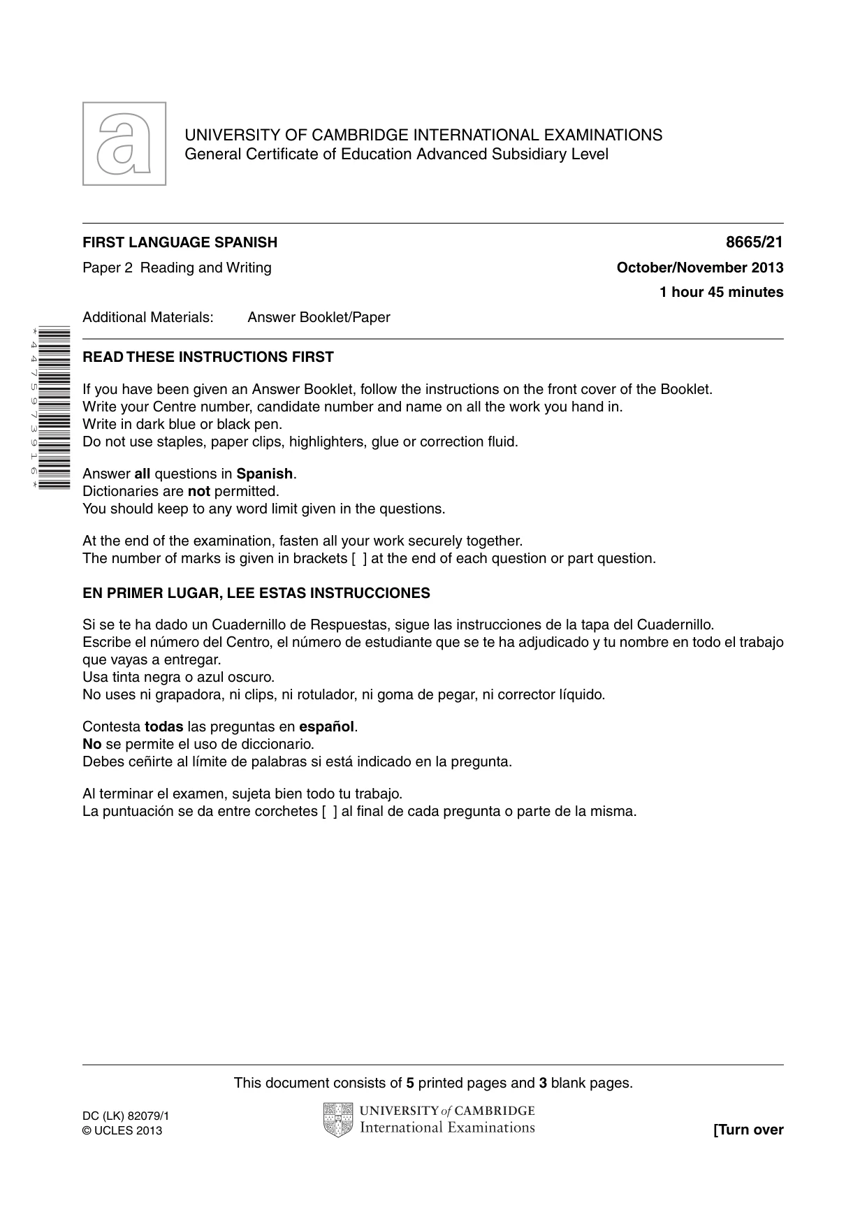 Cambridge A Level Spanish - First Language (AS Level only) 8665 2013 Oct/Nov Paper 2 · Variant 1 question paper, page 1 of 8