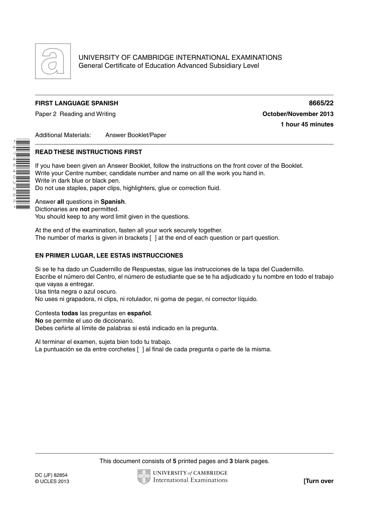 Cambridge A Level Spanish - First Language (AS Level only) 8665 2013 Oct/Nov Paper 2 · Variant 2 question paper, page 1 of 8
