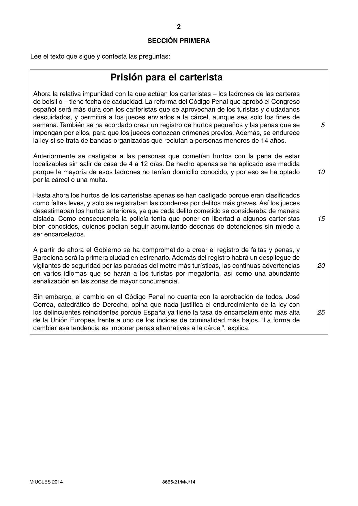Cambridge A Level Spanish - First Language (AS Level only) 8665 2014 May/June Paper 2 · Variant 1 question paper, page 2 of 8