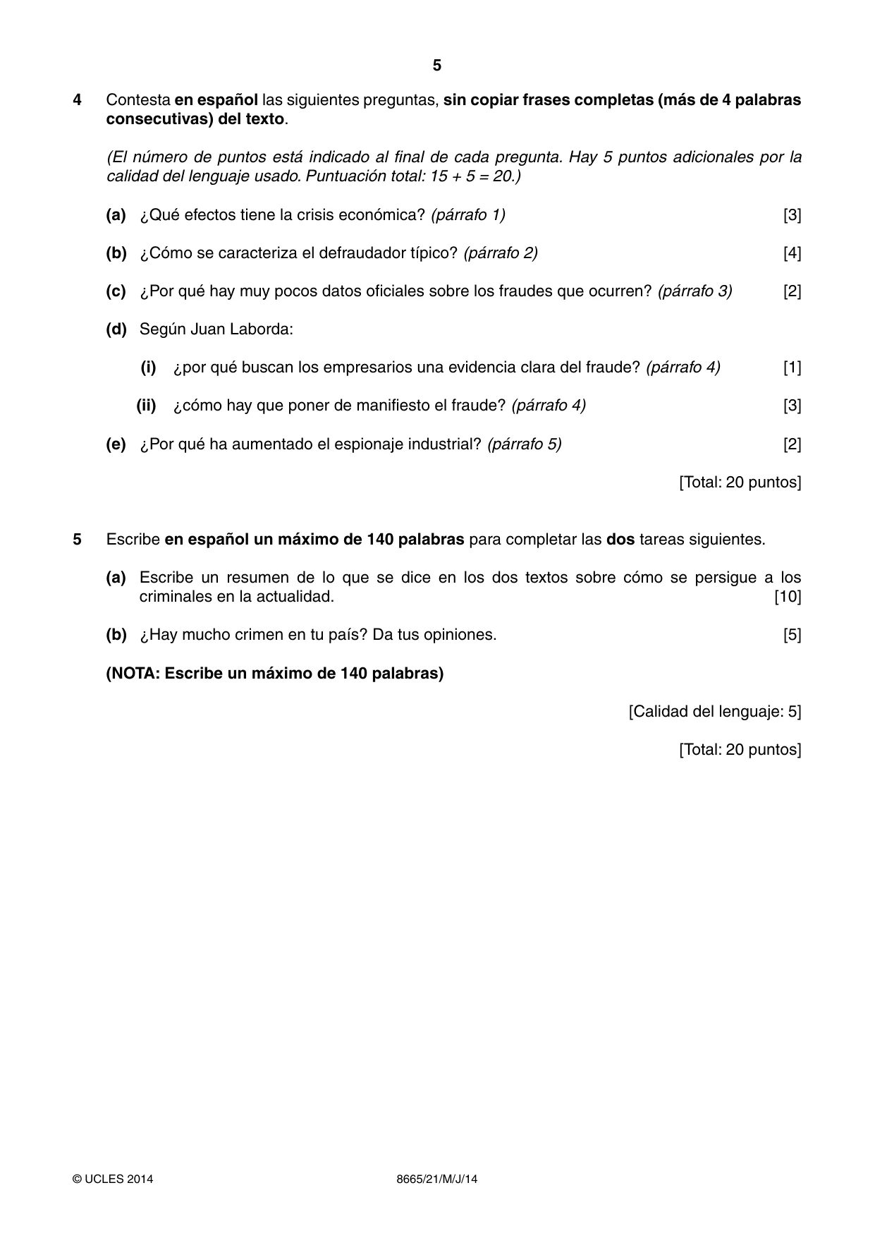 Cambridge A Level Spanish - First Language (AS Level only) 8665 2014 May/June Paper 2 · Variant 1 question paper, page 5 of 8