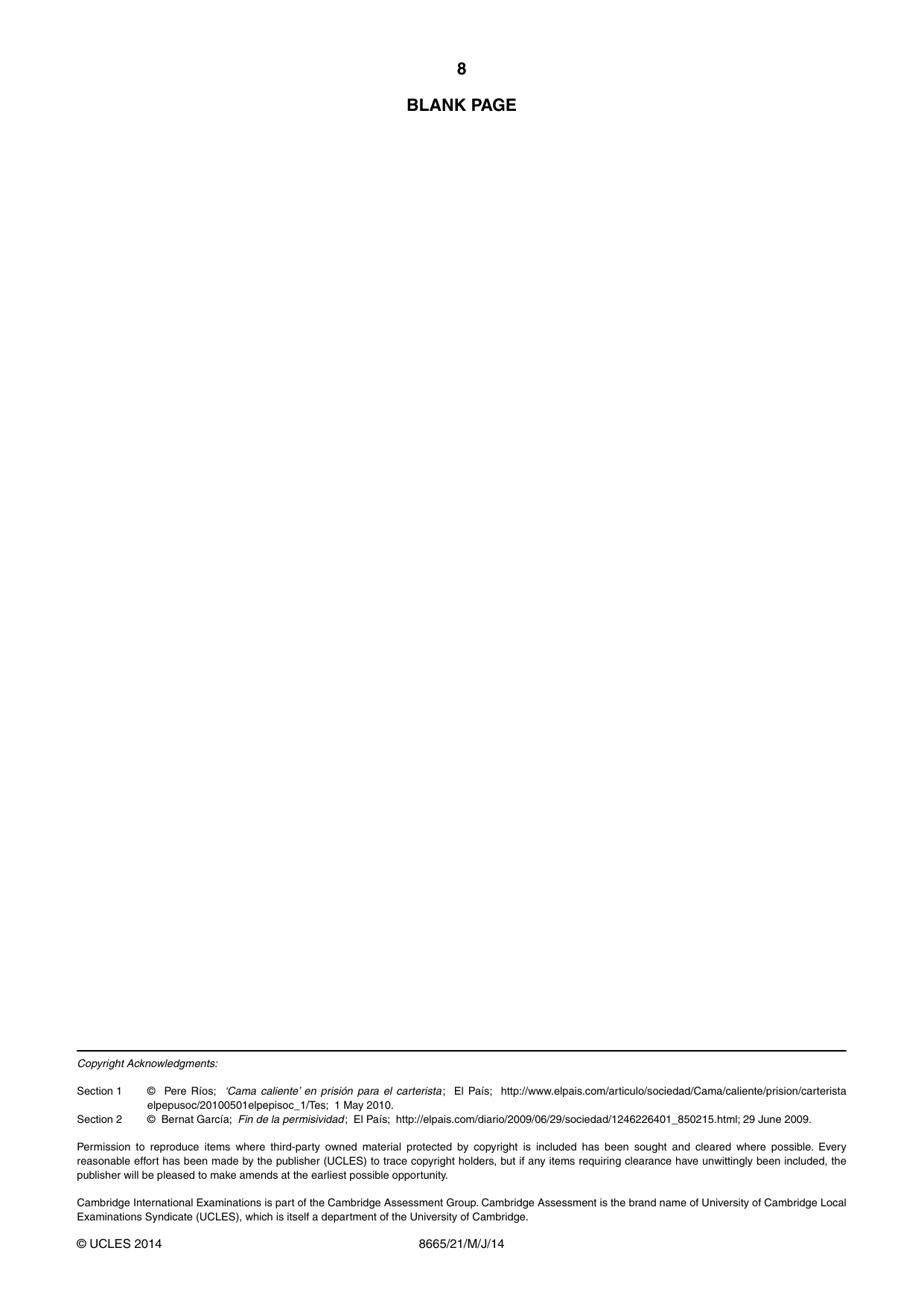 Cambridge A Level Spanish - First Language (AS Level only) 8665 2014 May/June Paper 2 · Variant 1 question paper, page 8 of 8