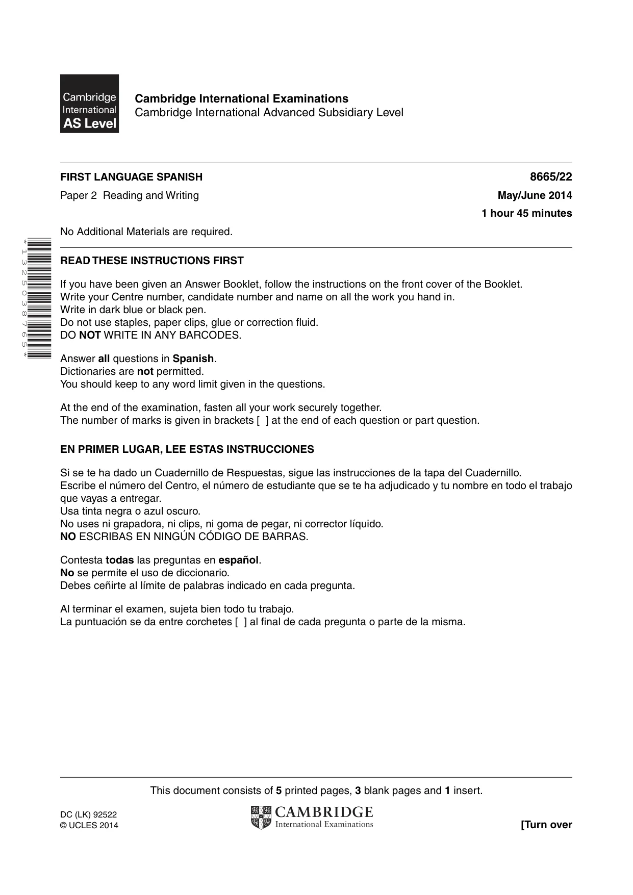 Cambridge A Level Spanish - First Language (AS Level only) 8665 2014 May/June Paper 2 · Variant 2 question paper, page 1 of 8