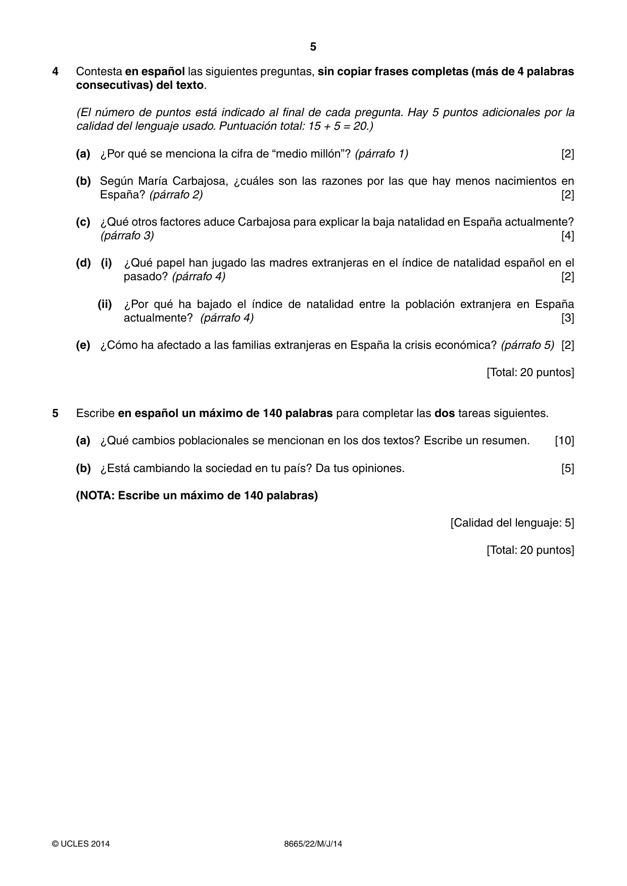 Cambridge A Level Spanish - First Language (AS Level only) 8665 2014 May/June Paper 2 · Variant 2 question paper, page 5 of 8