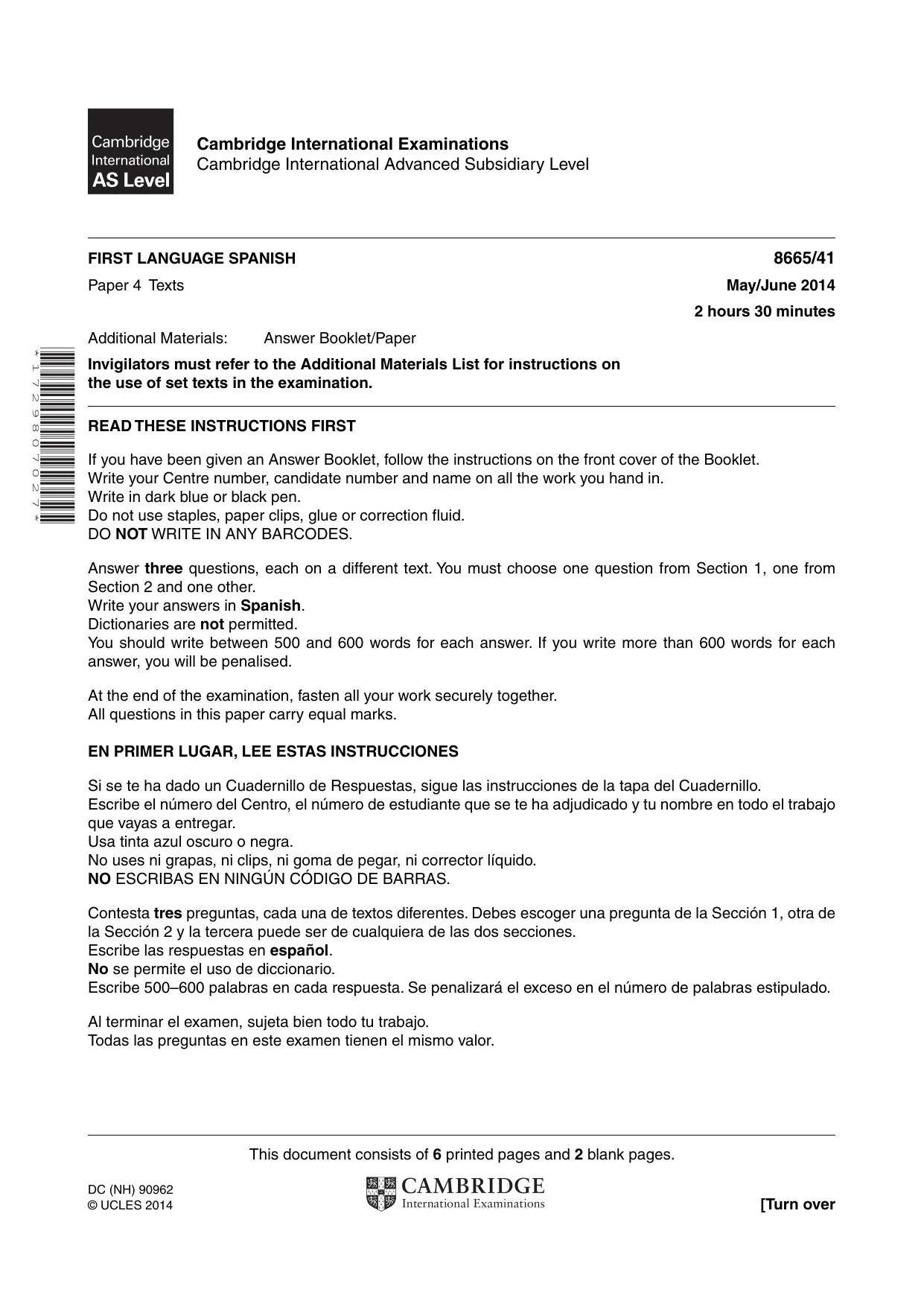 Cambridge A Level Spanish - First Language (AS Level only) 8665 2014 May/June Paper 4 · Variant 1 question paper, page 1 of 8