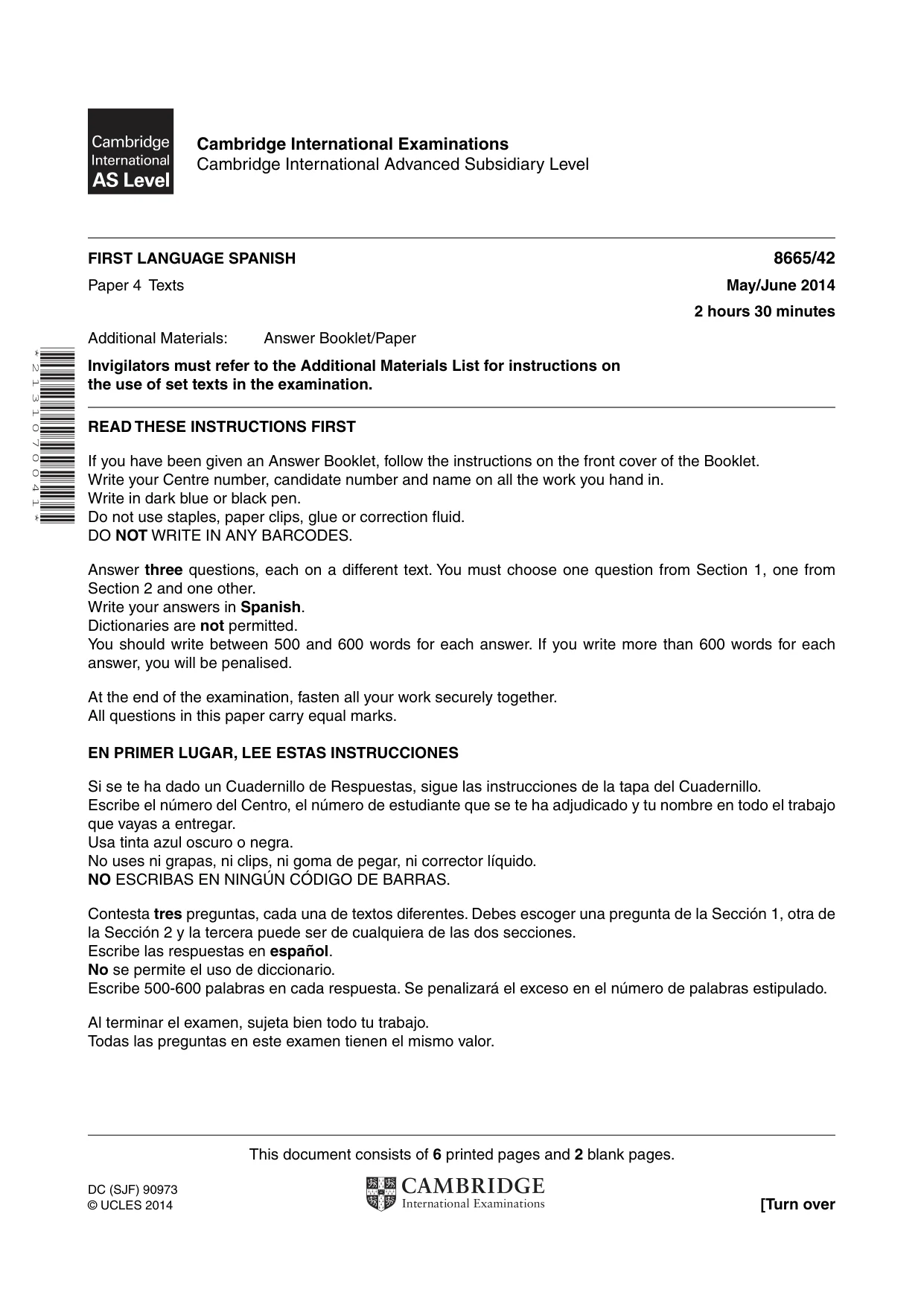 Cambridge A Level Spanish - First Language (AS Level only) 8665 2014 May/June Paper 4 · Variant 2 question paper, page 1 of 8