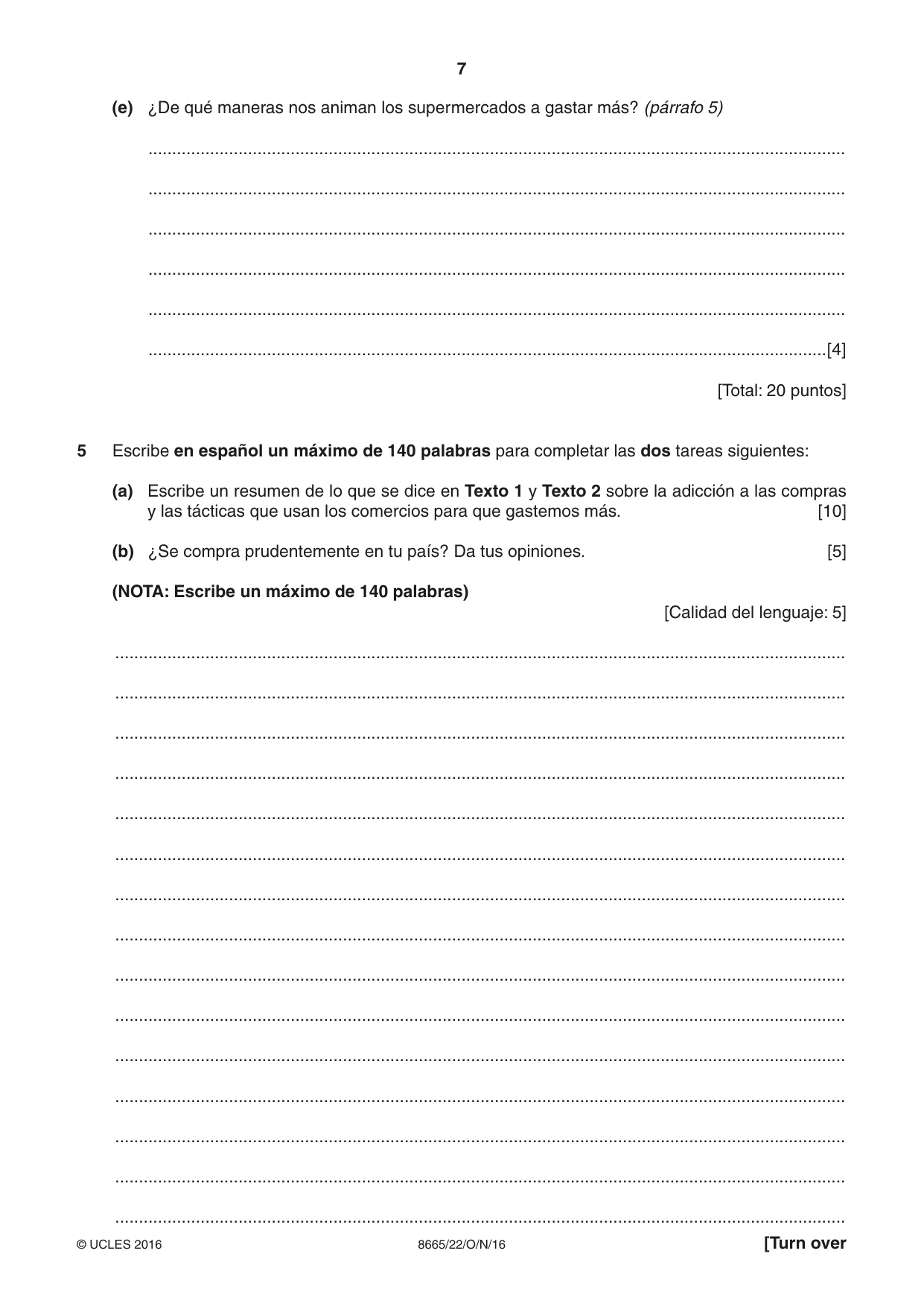 Cambridge A Level Spanish - First Language (AS Level only) 8665 2016 Oct/Nov Paper 2 · Variant 2 question paper, page 7 of 8
