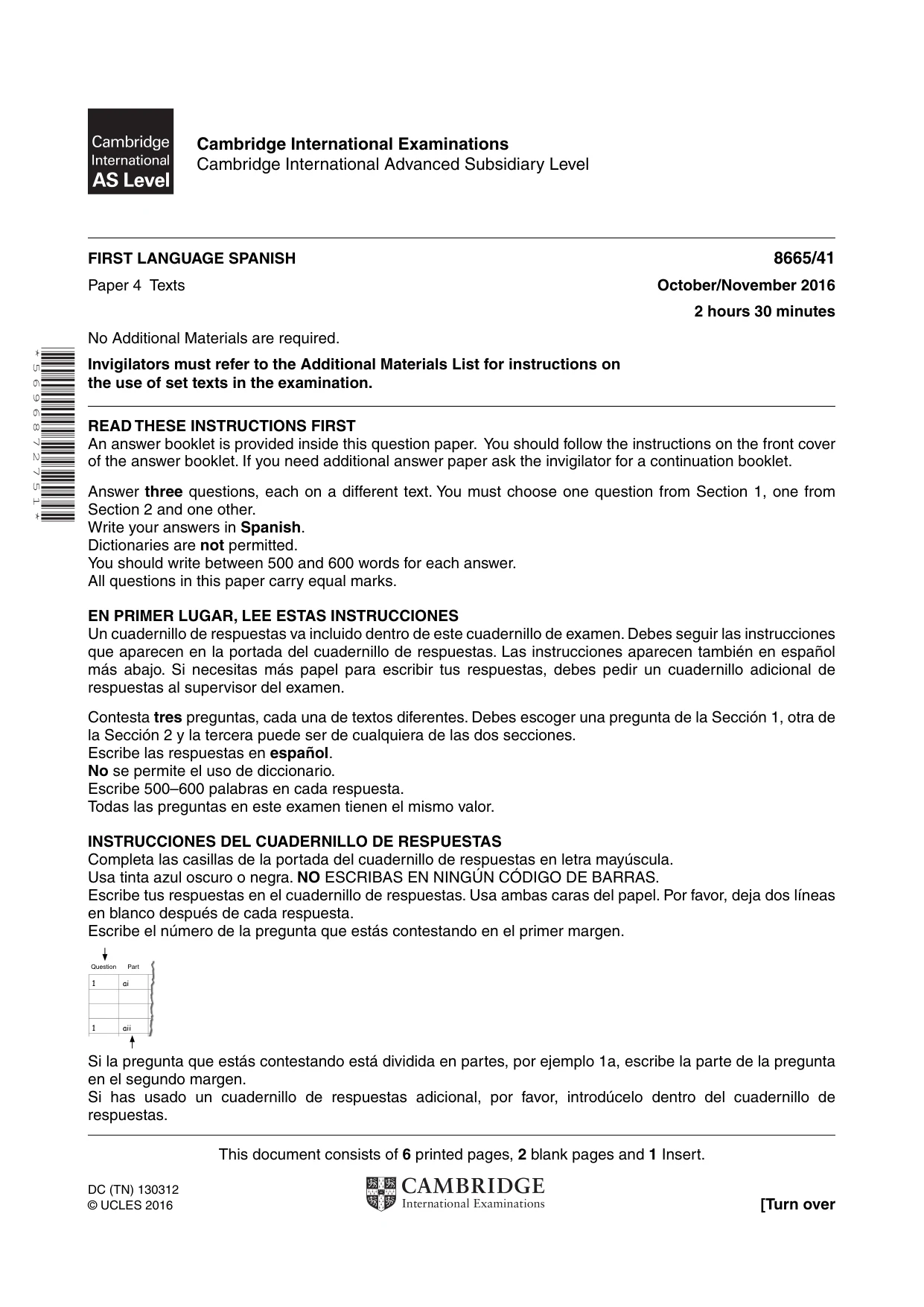 Cambridge A Level Spanish - First Language (AS Level only) 8665 2016 Oct/Nov Paper 4 · Variant 1 question paper, page 1 of 8