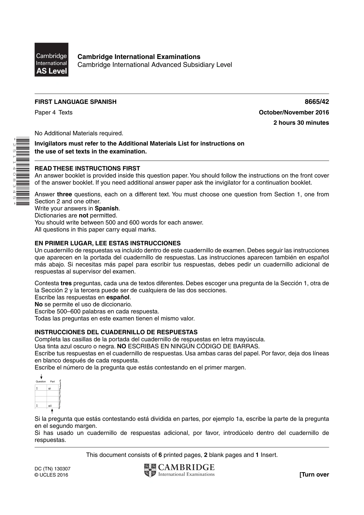 Cambridge A Level Spanish - First Language (AS Level only) 8665 2016 Oct/Nov Paper 4 · Variant 2 question paper, page 1 of 8