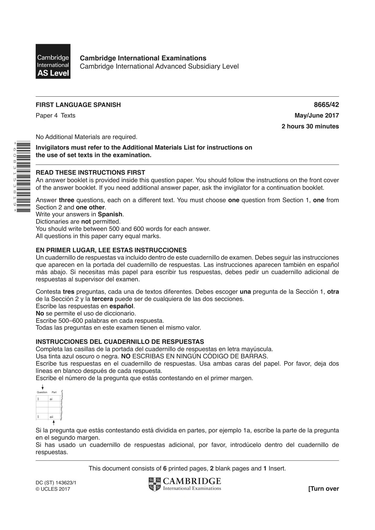 Cambridge A Level Spanish - First Language (AS Level only) 8665 2017 May/June Paper 4 · Variant 2 question paper, page 1 of 8
