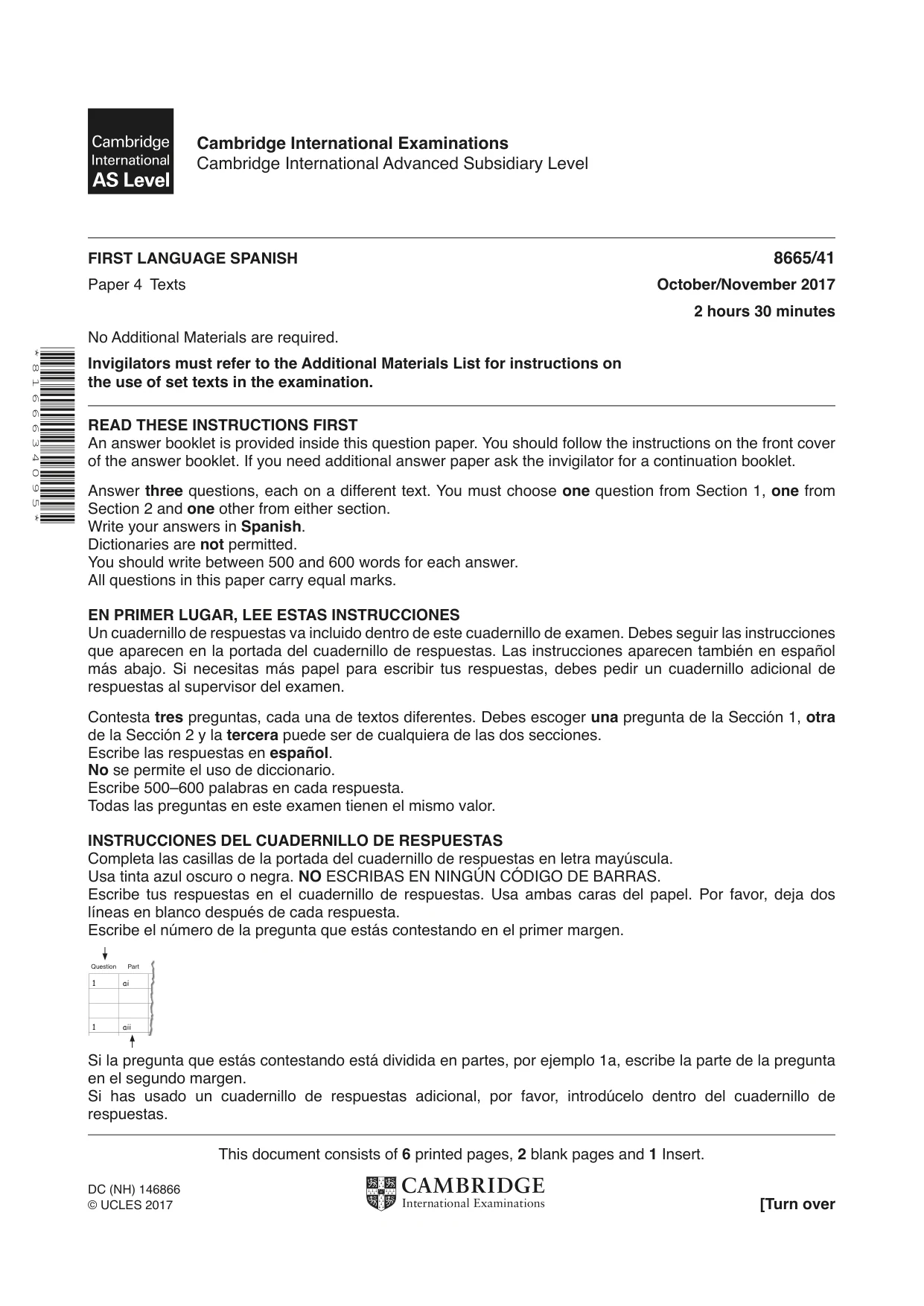 Cambridge A Level Spanish - First Language (AS Level only) 8665 2017 Oct/Nov Paper 4 · Variant 1 question paper, page 1 of 8