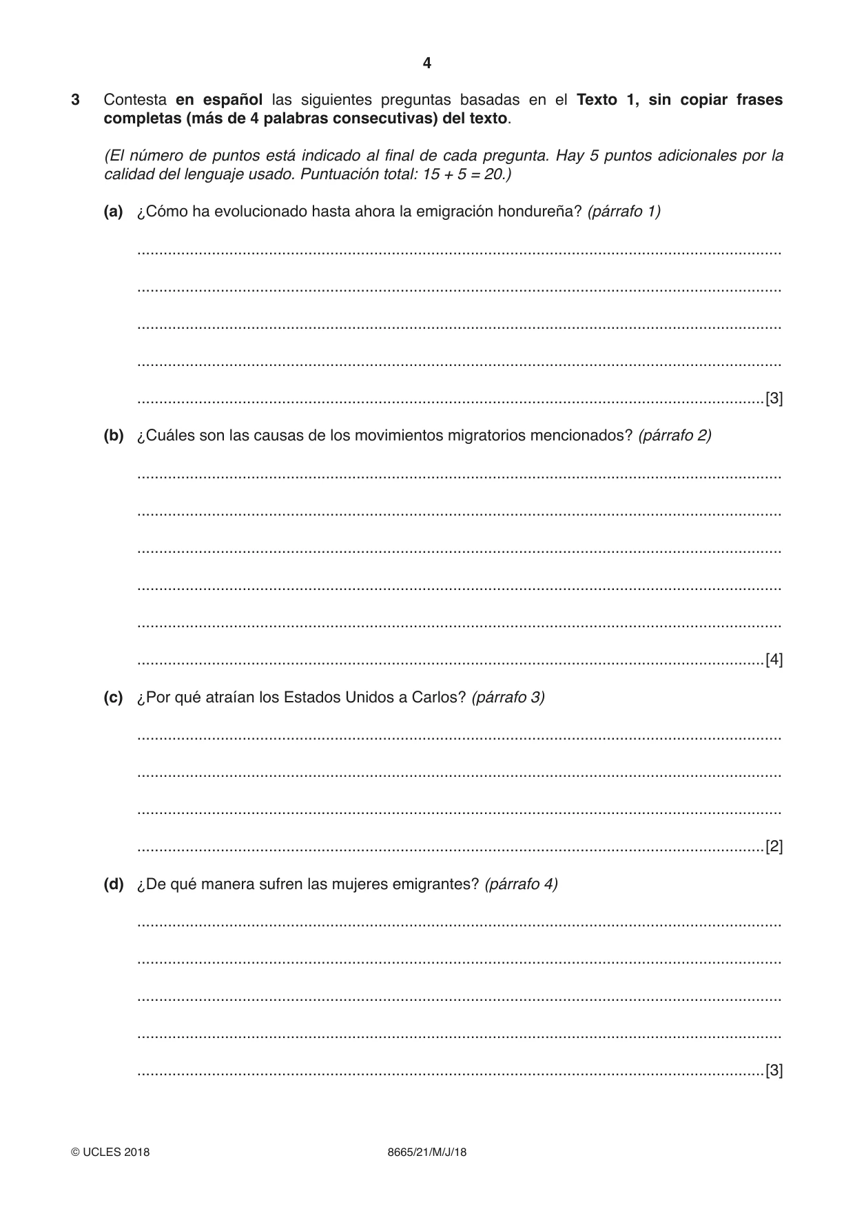 Cambridge A Level Spanish - First Language (AS Level only) 8665 2018 May/June Paper 2 · Variant 1 question paper, page 4 of 8
