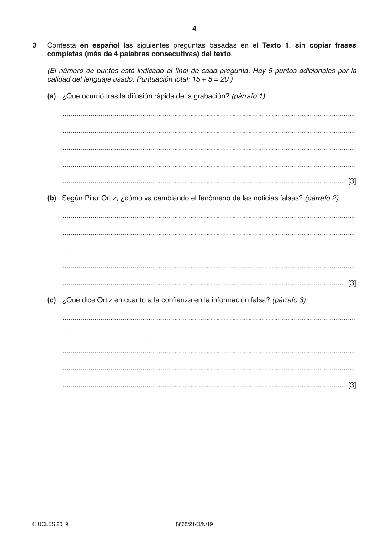 Cambridge A Level Spanish - First Language (AS Level only) 8665 2019 Oct/Nov Paper 2 · Variant 1 question paper, page 4 of 8