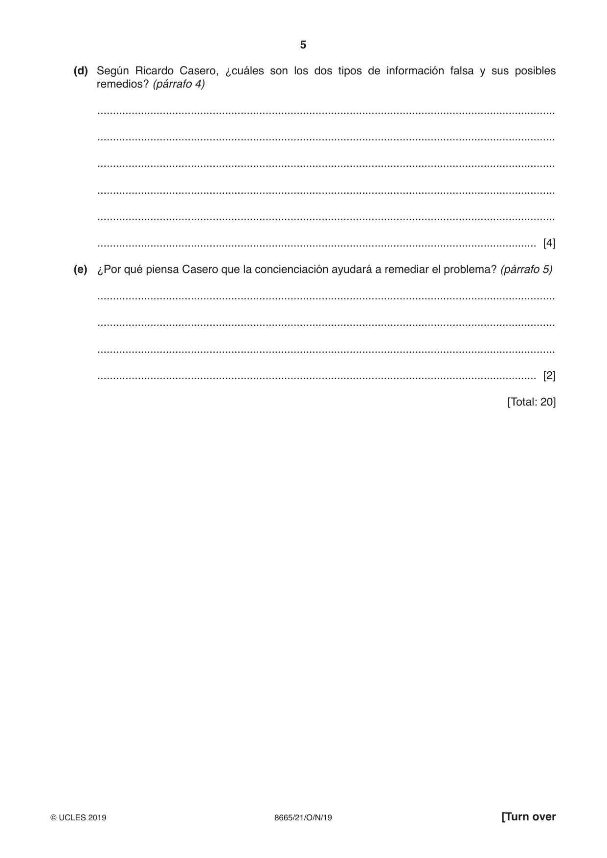 Cambridge A Level Spanish - First Language (AS Level only) 8665 2019 Oct/Nov Paper 2 · Variant 1 question paper, page 5 of 8
