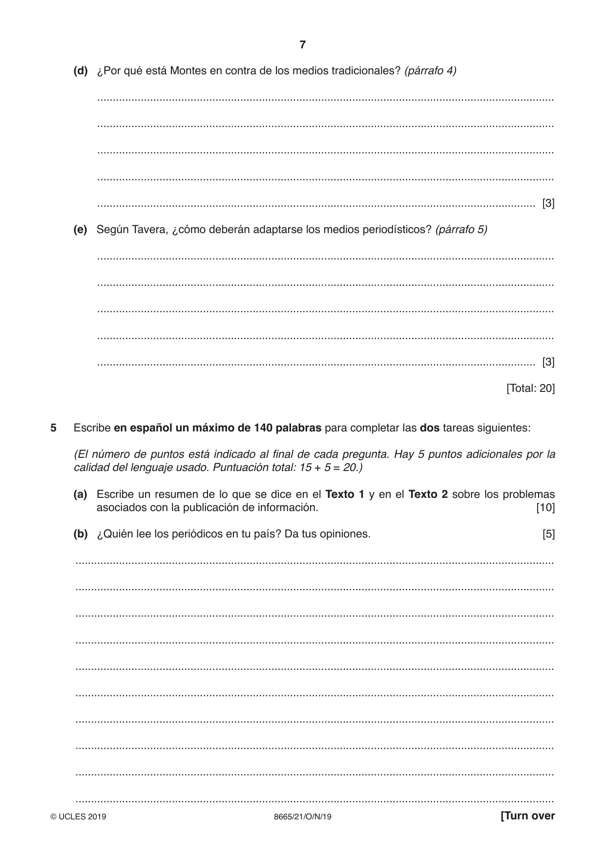 Cambridge A Level Spanish - First Language (AS Level only) 8665 2019 Oct/Nov Paper 2 · Variant 1 question paper, page 7 of 8