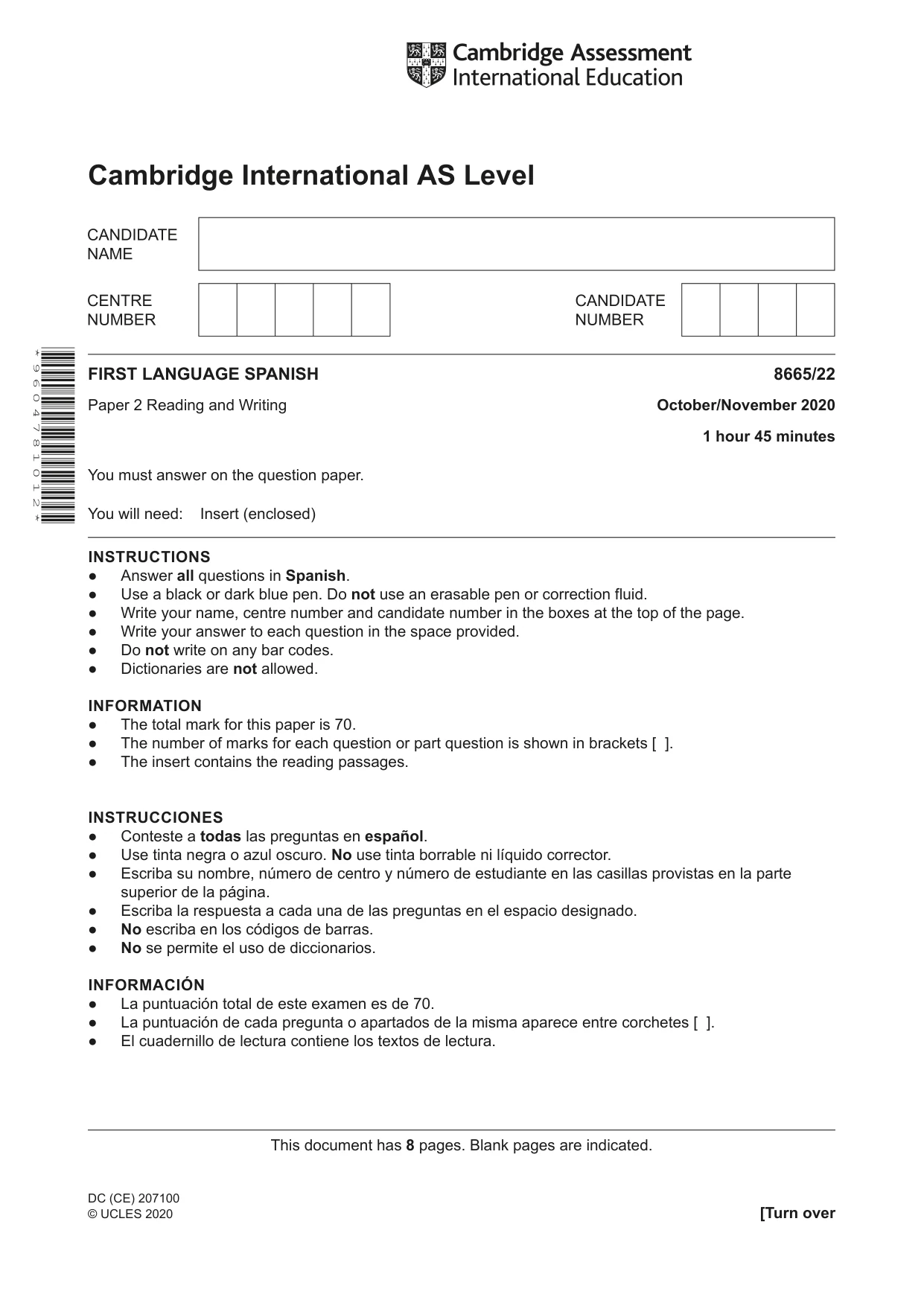 Cambridge A Level Spanish - First Language (AS Level only) 8665 2020 Oct/Nov Paper 2 · Variant 2 question paper, page 1 of 8
