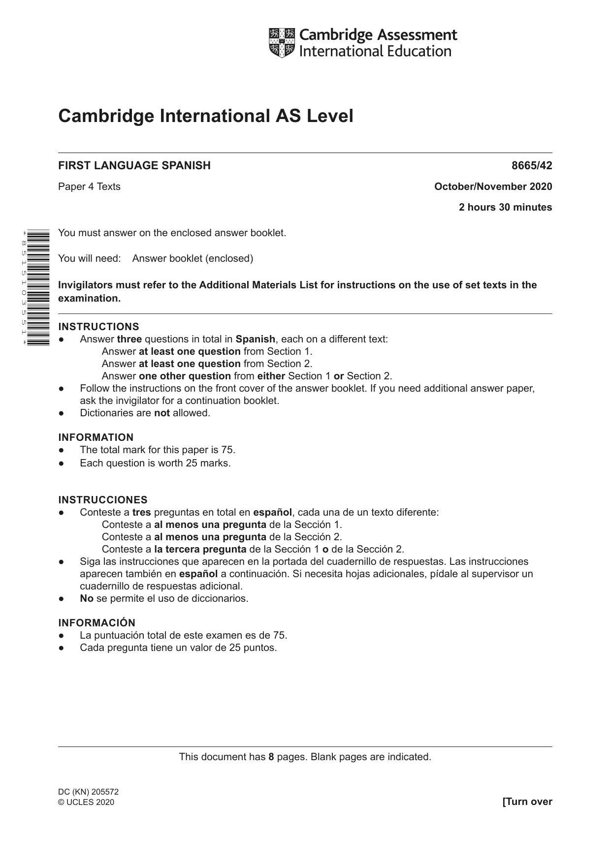 Cambridge A Level Spanish - First Language (AS Level only) 8665 2020 Oct/Nov Paper 4 · Variant 2 question paper, page 1 of 8