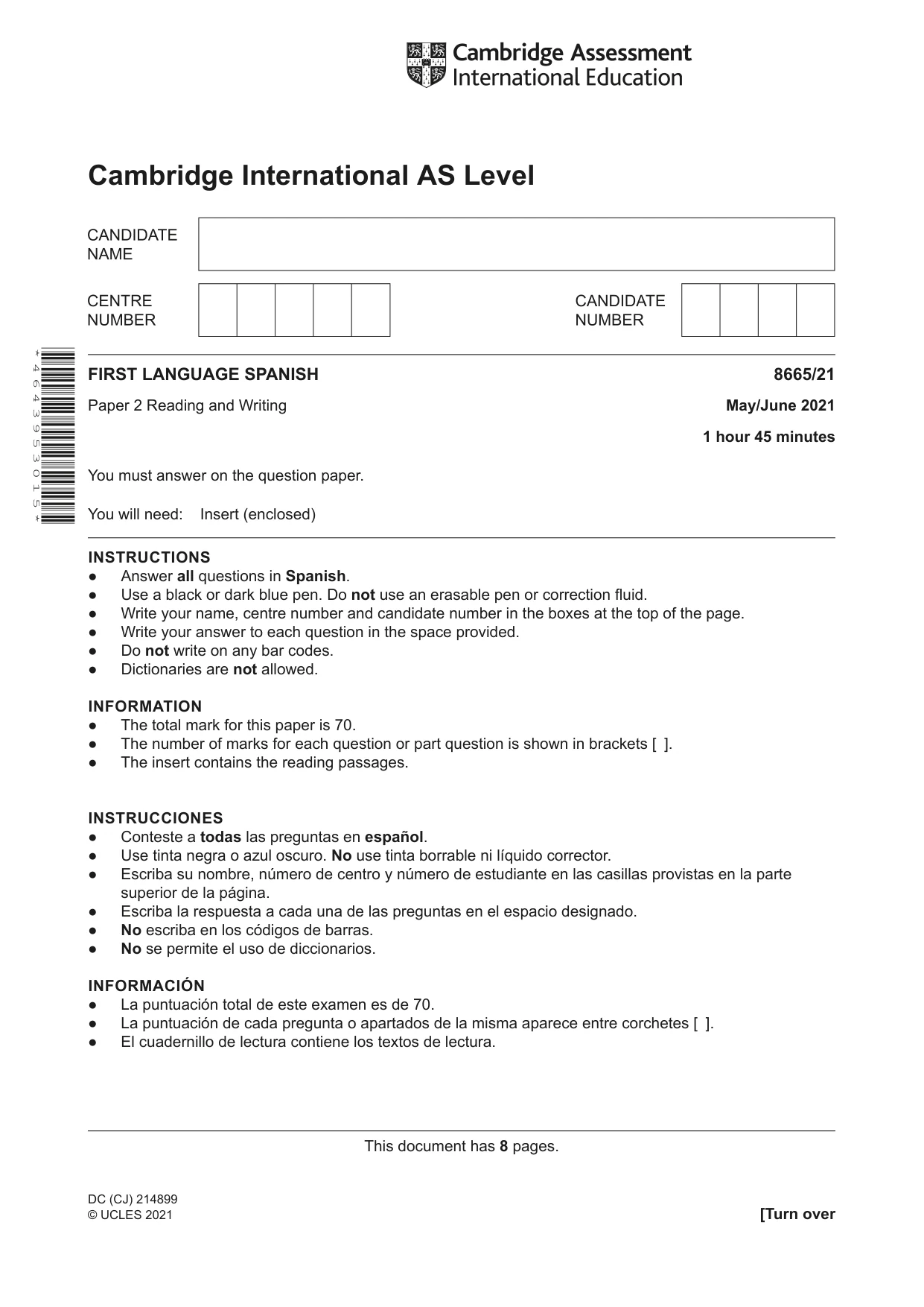 Cambridge A Level Spanish - First Language (AS Level only) 8665 2021 May/June Paper 2 · Variant 1 question paper, page 1 of 8