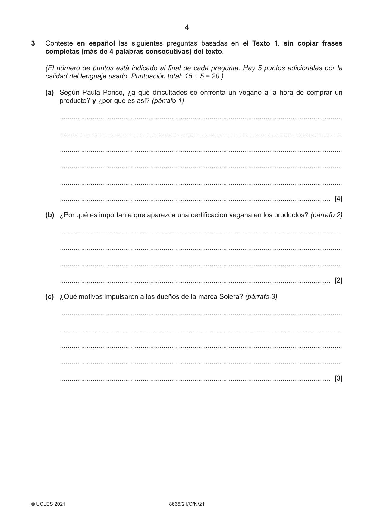 Cambridge A Level Spanish - First Language (AS Level only) 8665 2021 Oct/Nov Paper 2 · Variant 1 question paper, page 4 of 8