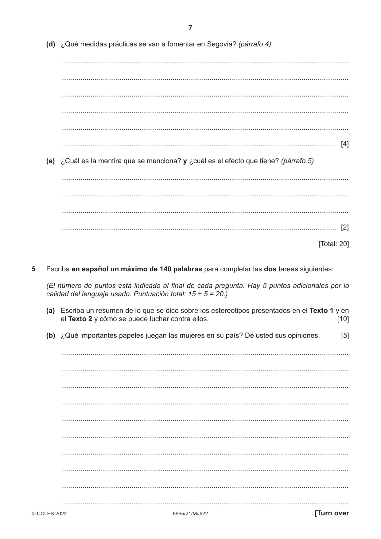 Cambridge A Level Spanish - First Language (AS Level only) 8665 2022 May/June Paper 2 · Variant 1 question paper, page 7 of 8