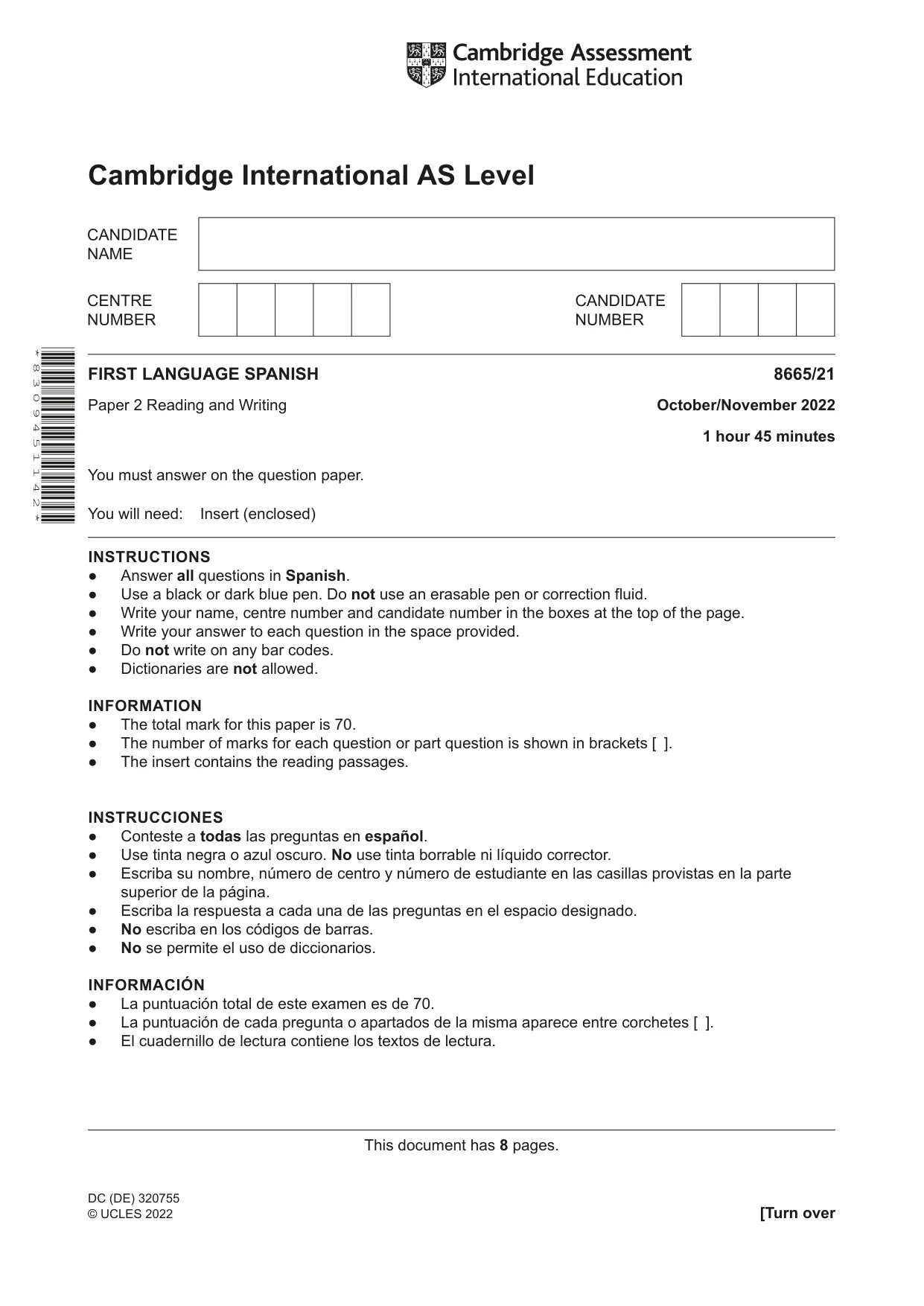 Cambridge A Level Spanish - First Language (AS Level only) 8665 2022 Oct/Nov Paper 2 · Variant 1 question paper, page 1 of 8