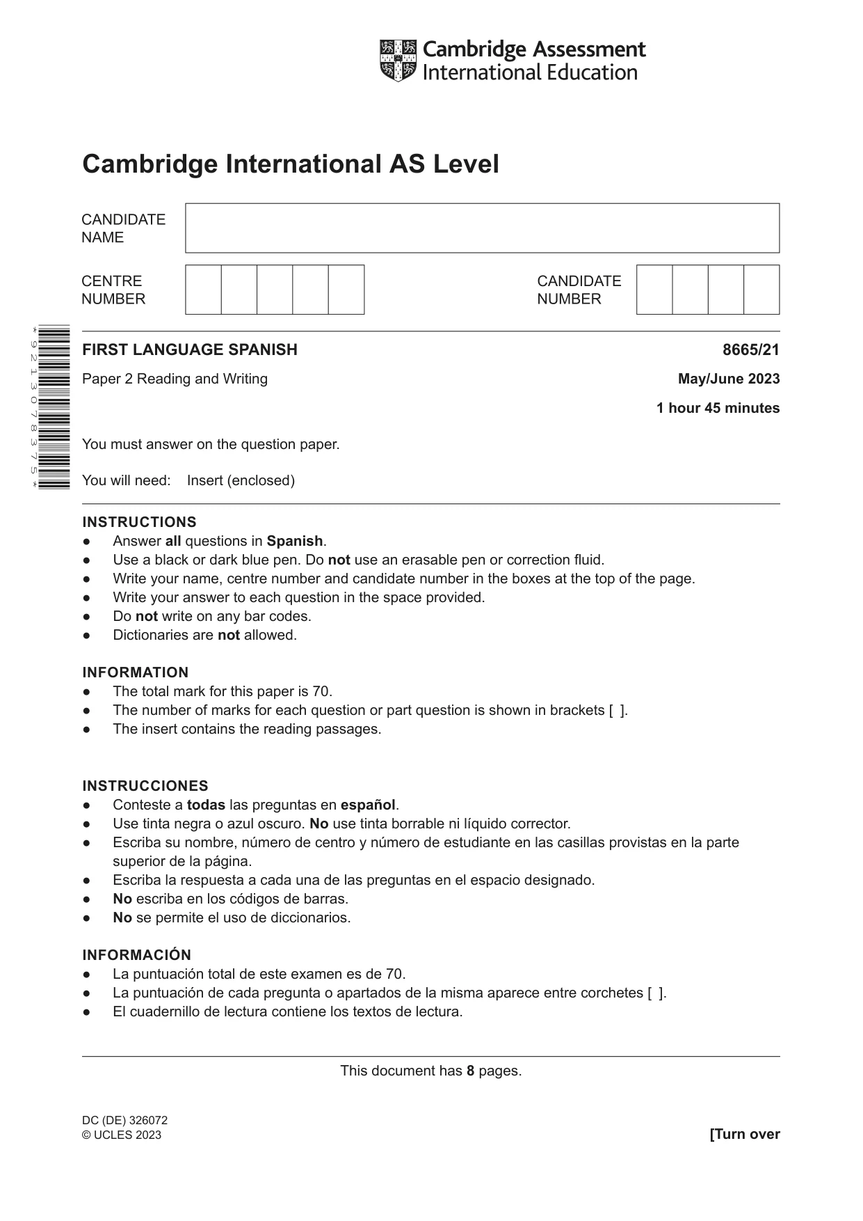 Cambridge A Level Spanish - First Language (AS Level only) 8665 2023 May/June Paper 2 · Variant 1 question paper, page 1 of 8