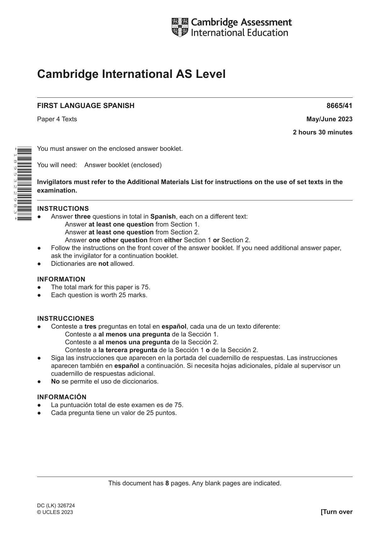 Cambridge A Level Spanish - First Language (AS Level only) 8665 2023 May/June Paper 4 · Variant 1 question paper, page 1 of 8