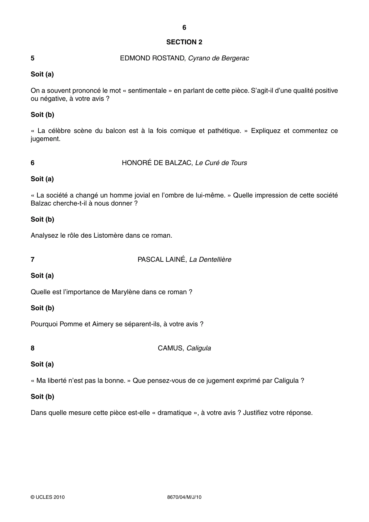 Cambridge A Level French - Literature (AS Level only) 8670 2010 May/June Paper 4 · Variant 1 question paper, page 6 of 8