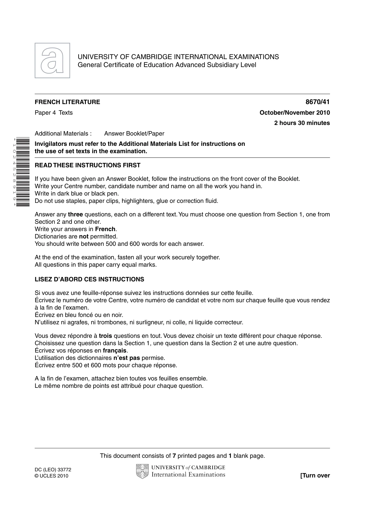 Cambridge A Level French - Literature (AS Level only) 8670 2010 Oct/Nov Paper 4 · Variant 1 question paper, page 1 of 8
