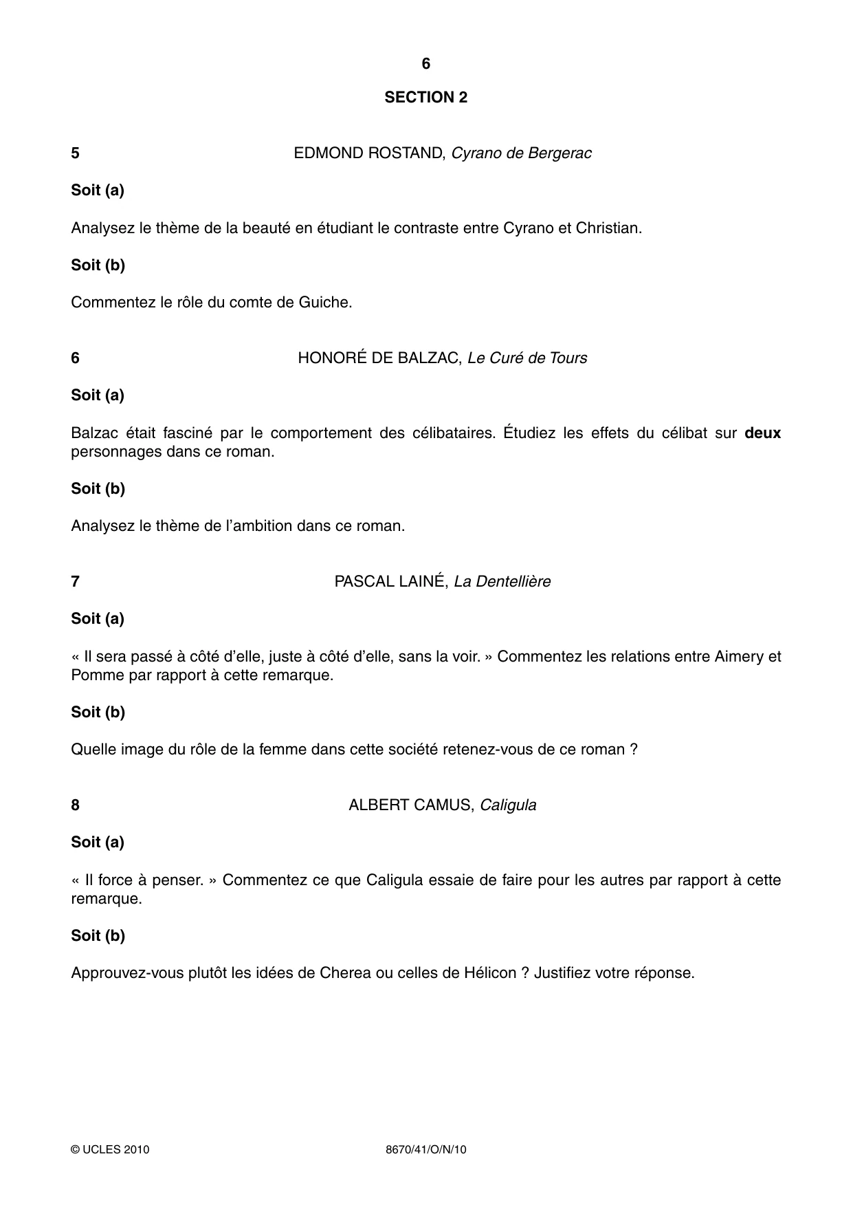 Cambridge A Level French - Literature (AS Level only) 8670 2010 Oct/Nov Paper 4 · Variant 1 question paper, page 6 of 8