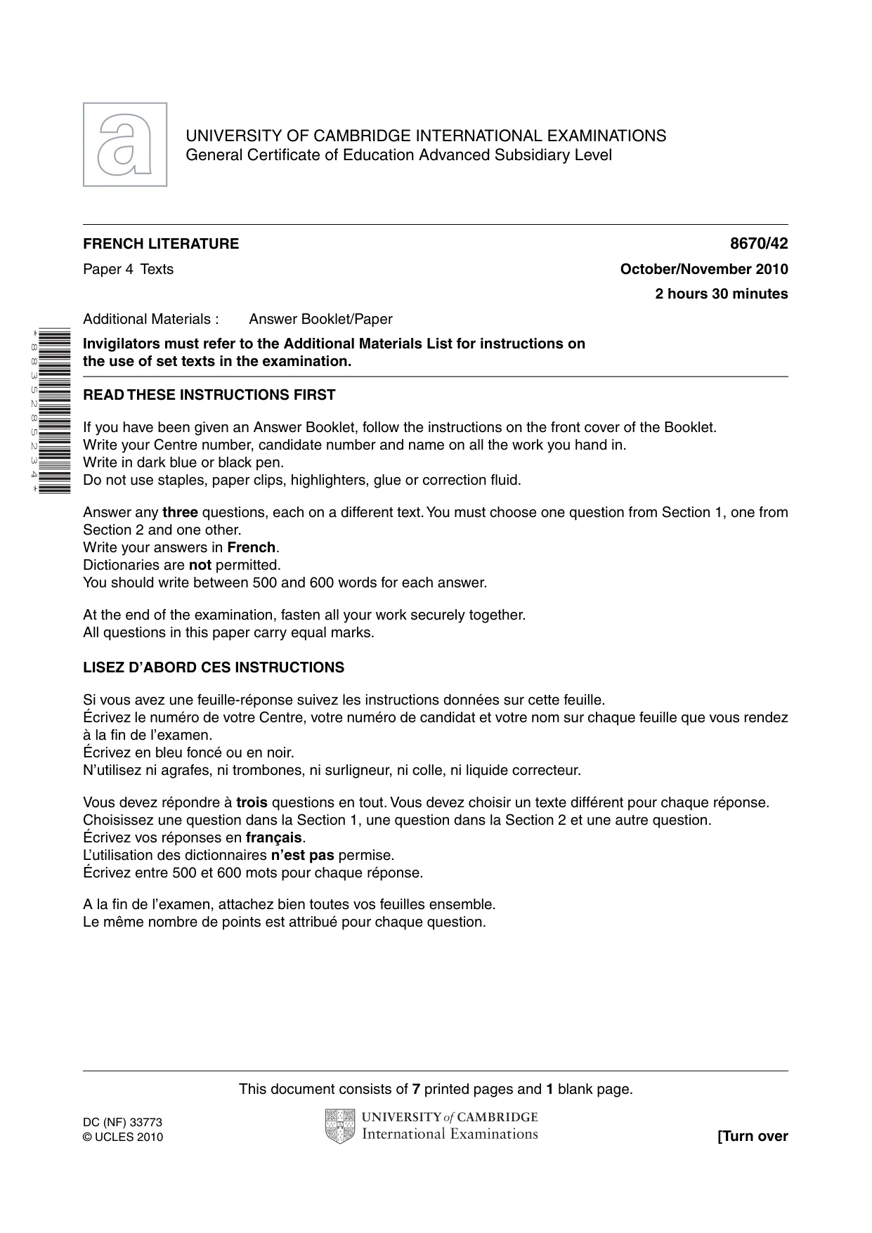 Cambridge A Level French - Literature (AS Level only) 8670 2010 Oct/Nov Paper 4 · Variant 2 question paper, page 1 of 8