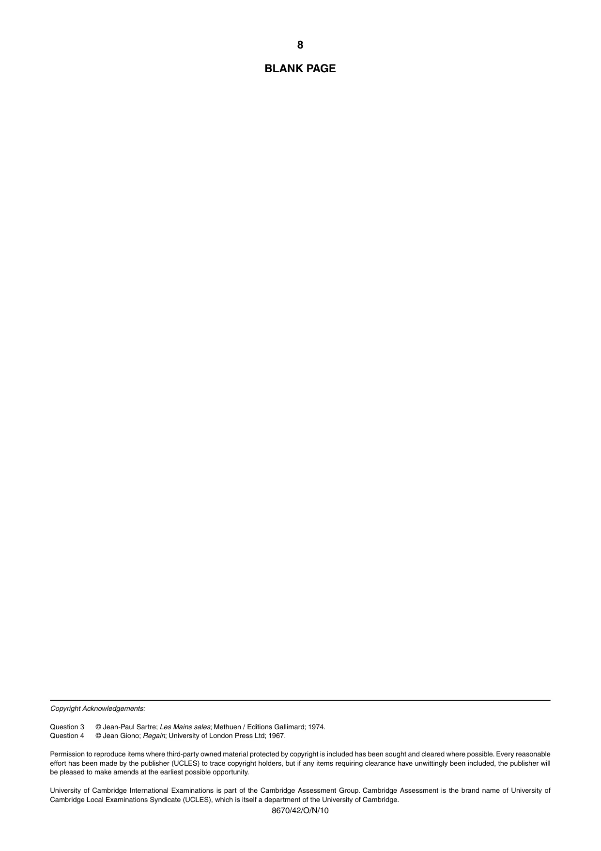 Cambridge A Level French - Literature (AS Level only) 8670 2010 Oct/Nov Paper 4 · Variant 2 question paper, page 8 of 8
