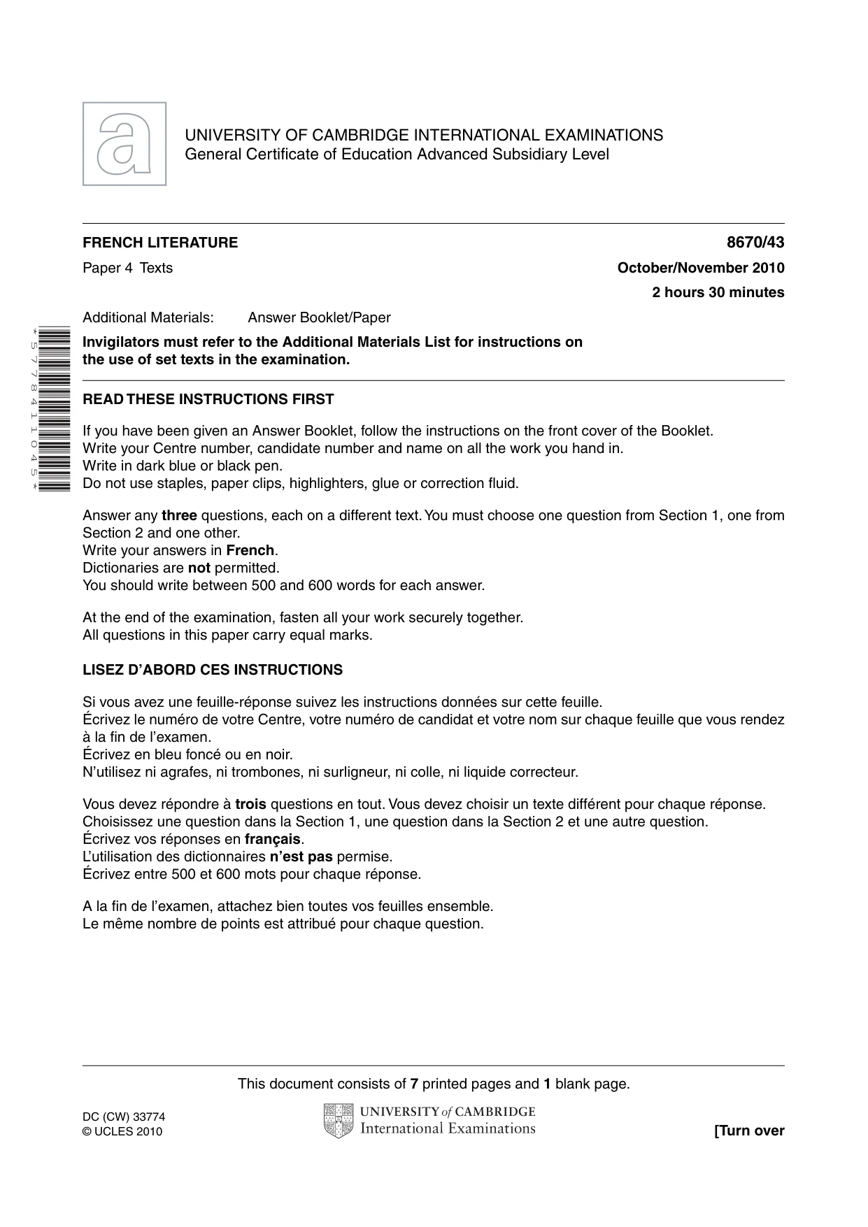 Cambridge A Level French - Literature (AS Level only) 8670 2010 Oct/Nov Paper 4 · Variant 3 question paper, page 1 of 8