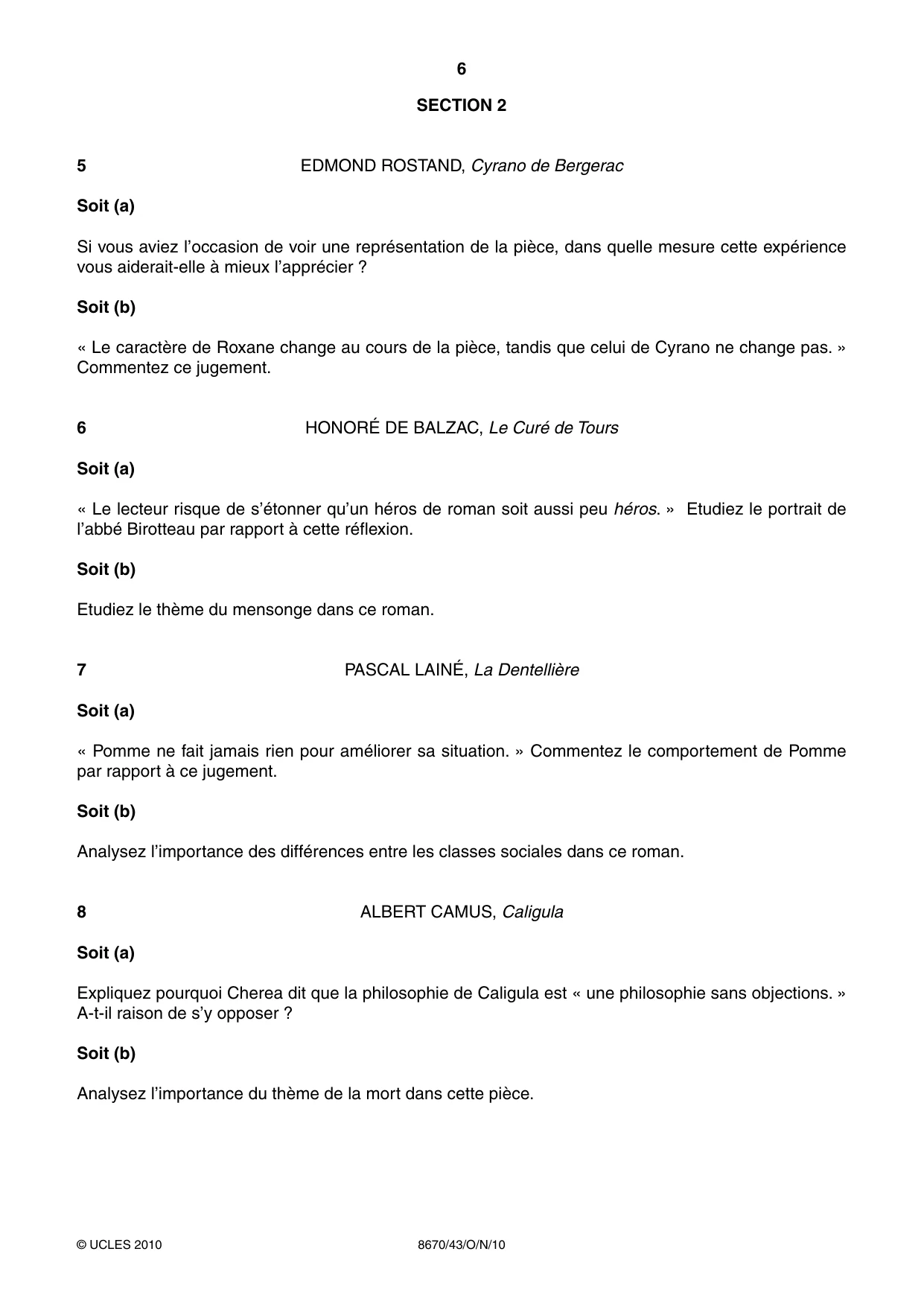 Cambridge A Level French - Literature (AS Level only) 8670 2010 Oct/Nov Paper 4 · Variant 3 question paper, page 6 of 8