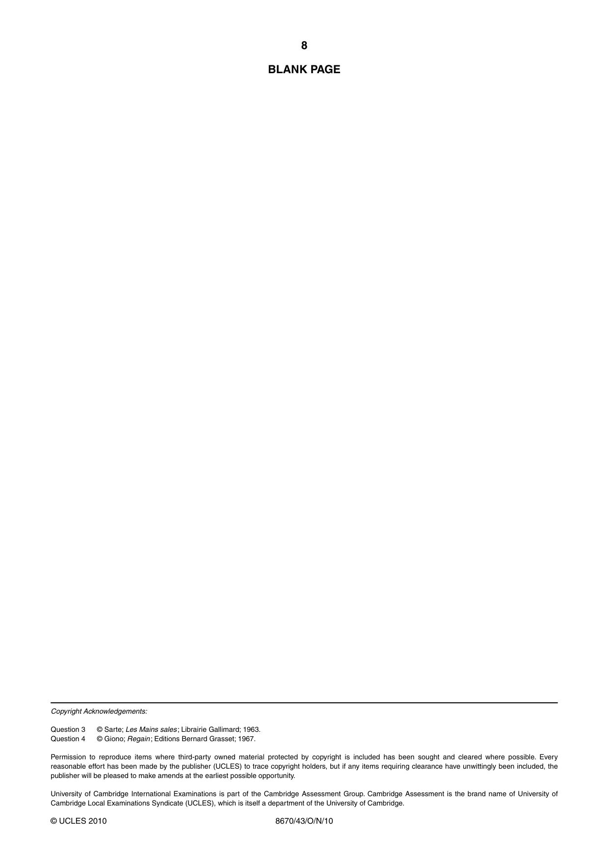 Cambridge A Level French - Literature (AS Level only) 8670 2010 Oct/Nov Paper 4 · Variant 3 question paper, page 8 of 8