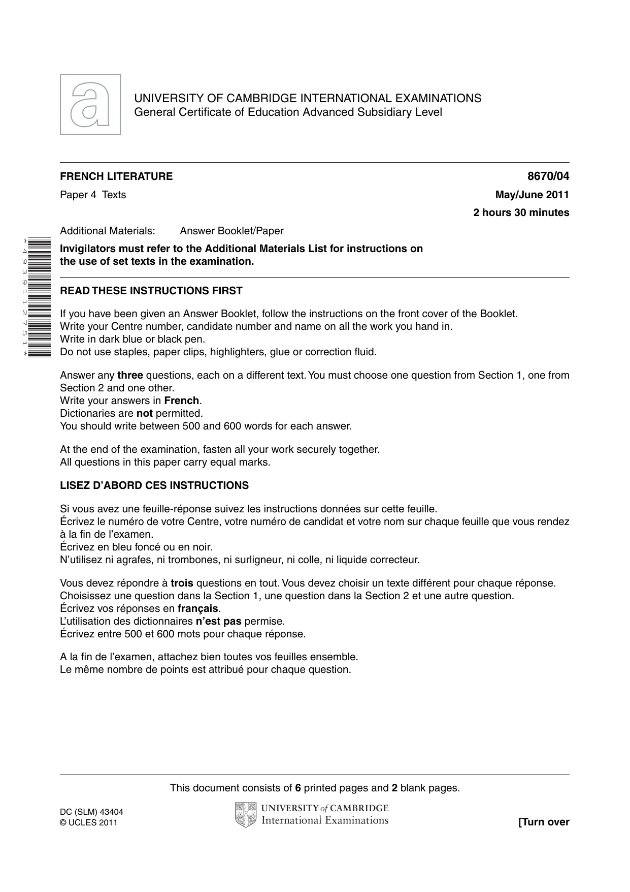 Cambridge A Level French - Literature (AS Level only) 8670 2011 May/June Paper 4 · Variant 1 question paper, page 1 of 8