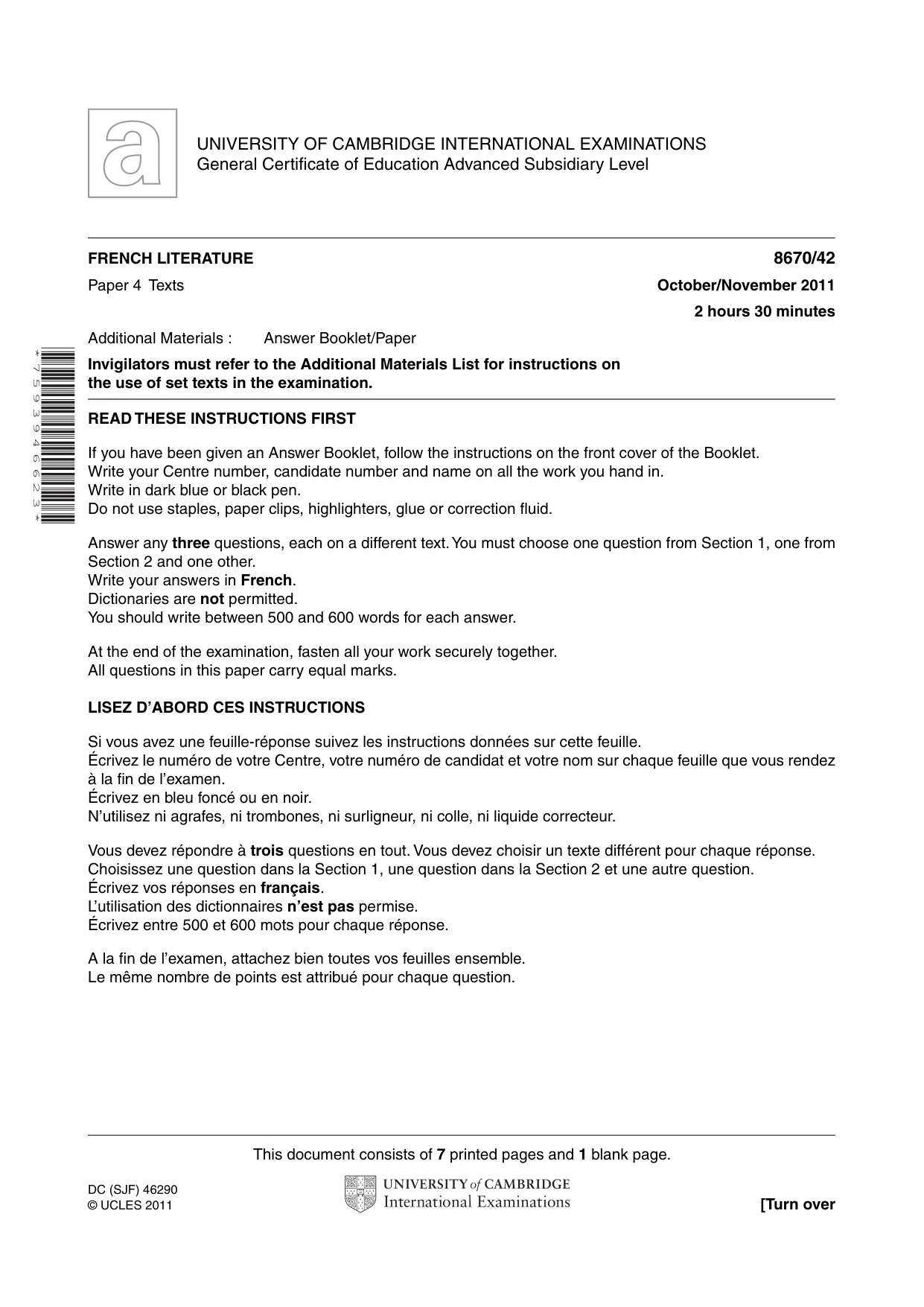 Cambridge A Level French - Literature (AS Level only) 8670 2011 Oct/Nov Paper 4 · Variant 2 question paper, page 1 of 8