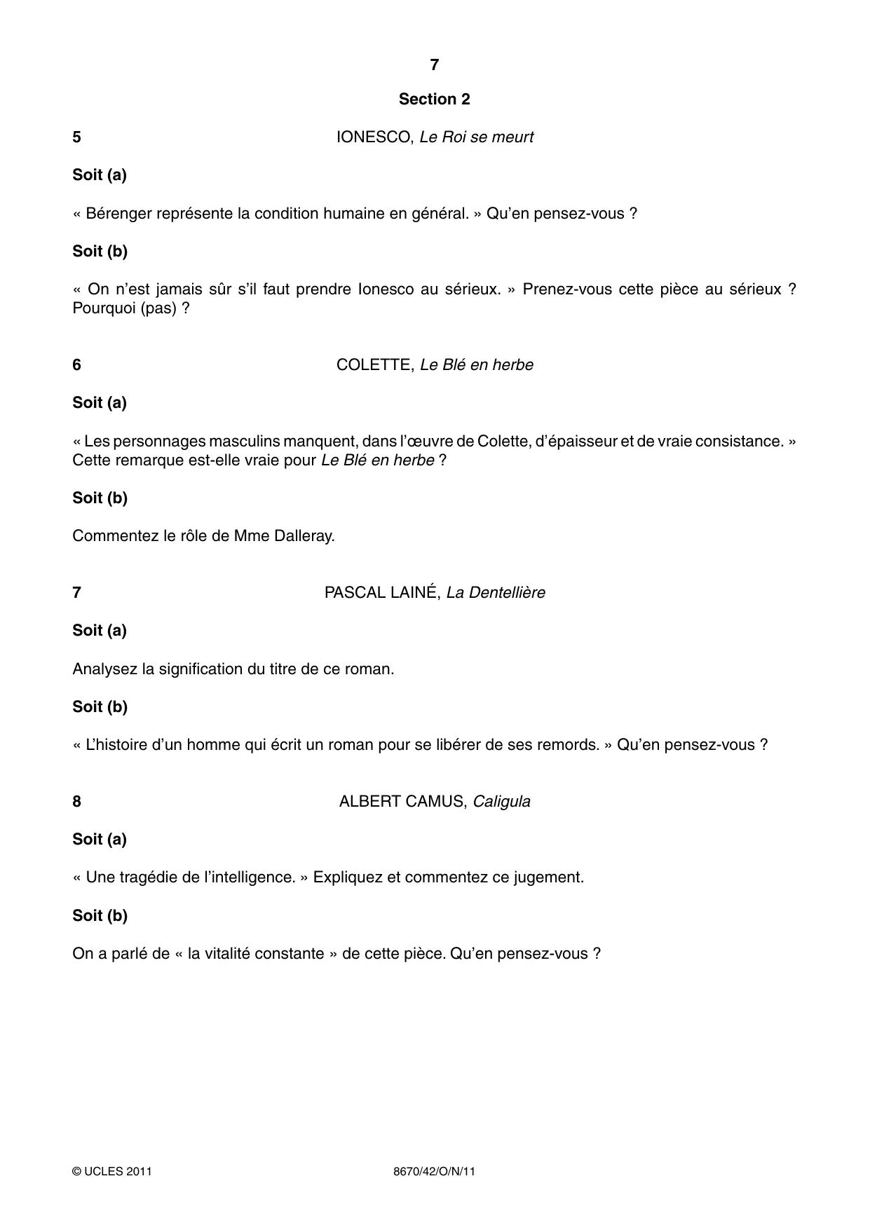 Cambridge A Level French - Literature (AS Level only) 8670 2011 Oct/Nov Paper 4 · Variant 2 question paper, page 7 of 8