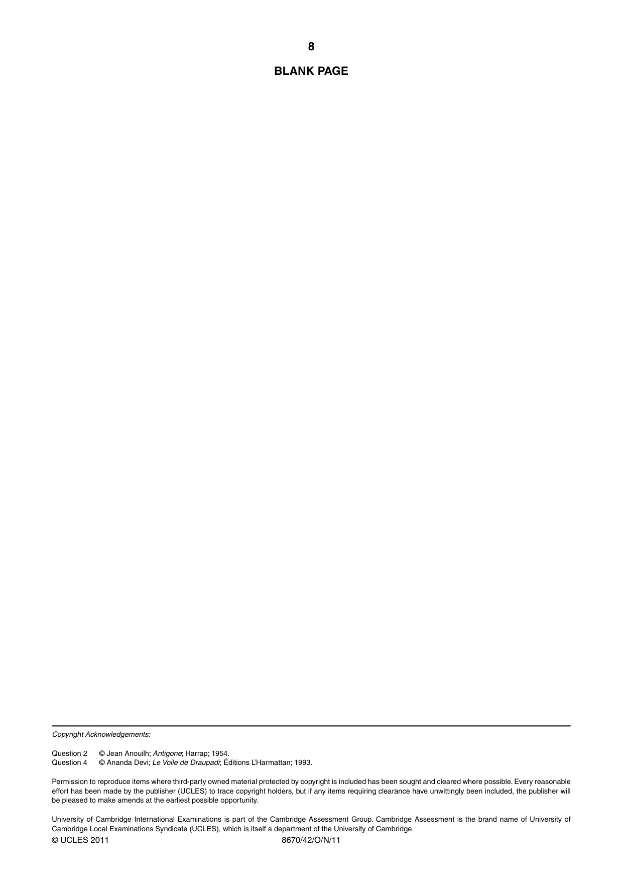 Cambridge A Level French - Literature (AS Level only) 8670 2011 Oct/Nov Paper 4 · Variant 2 question paper, page 8 of 8